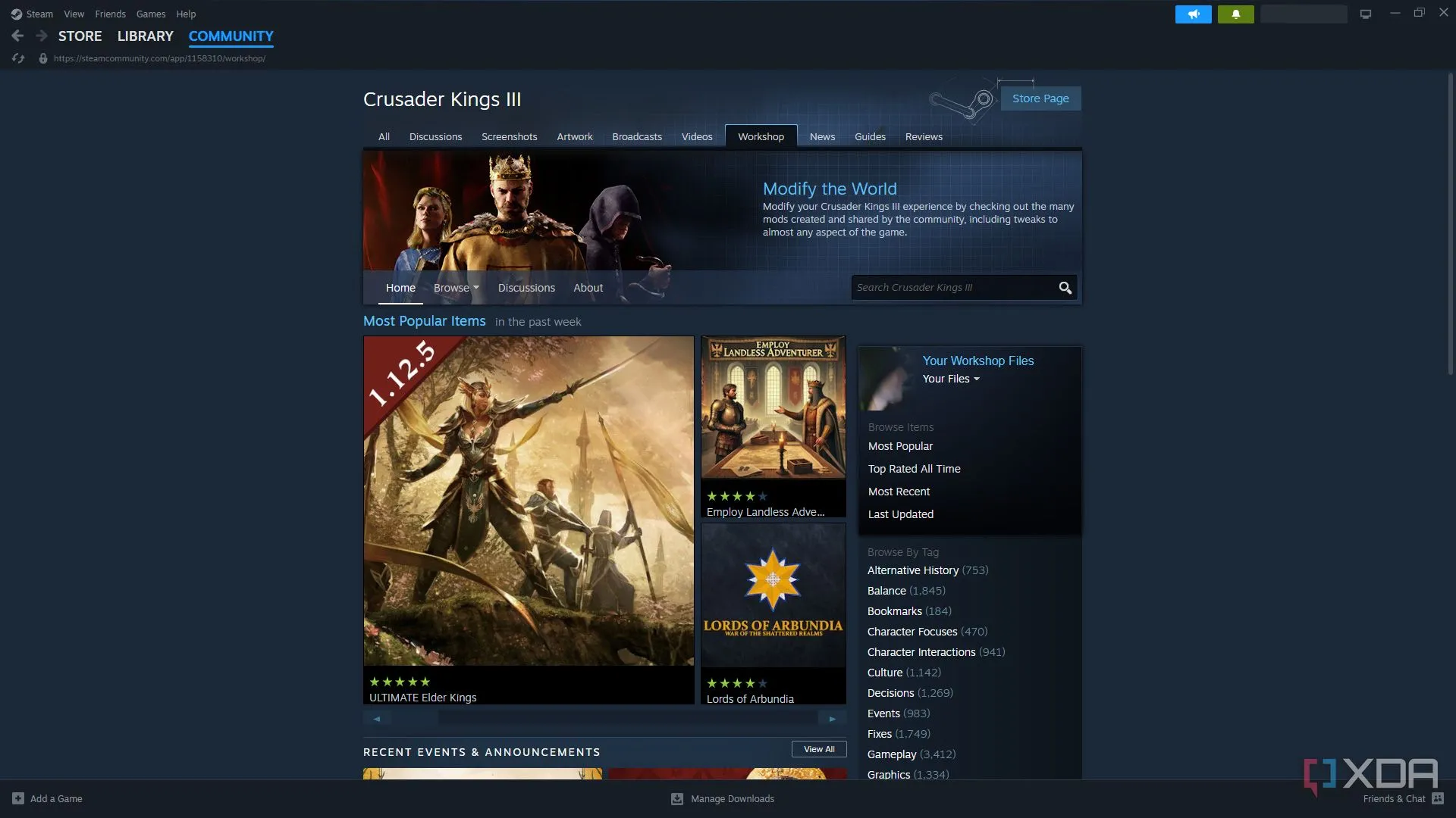 Giao diện Steam Workshop của tựa game Crusader Kings 3, minh họa khả năng mod game trên Steam