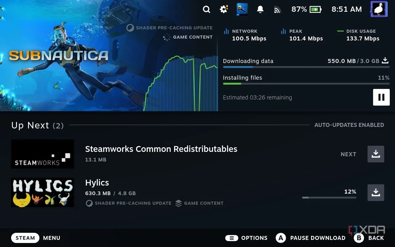 Giao diện SteamOS đang tải và tiền biên dịch shader Vulkan, minh họa trải nghiệm tối ưu cho game trên nền tảng này.