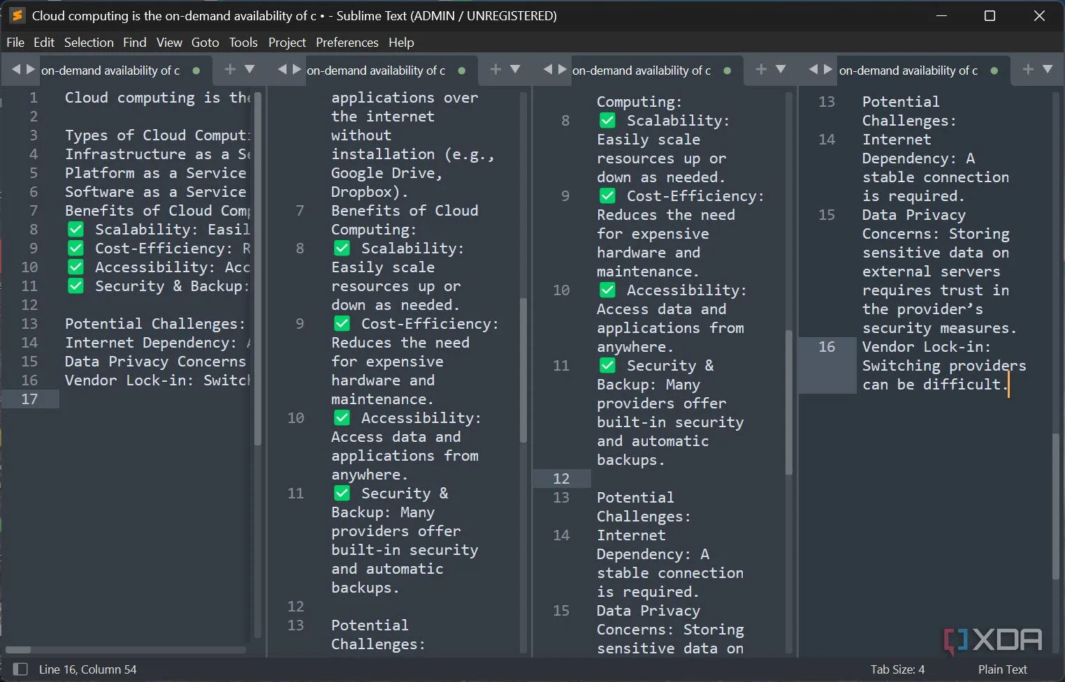Giao diện Sublime Text hiển thị nhiều cột giúp xử lý tệp lớn hiệu quả