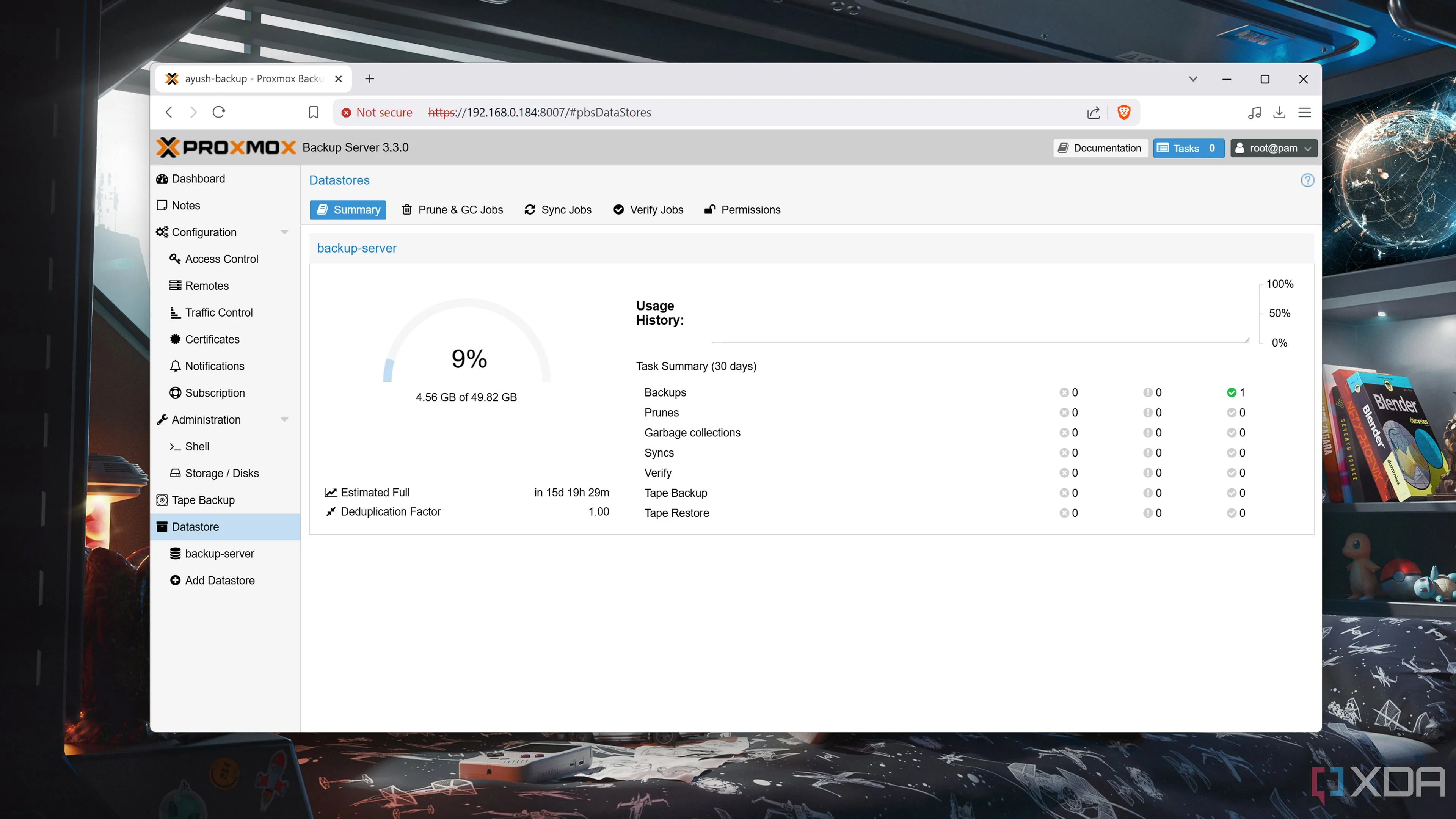 Giao diện tab Datastore trong Proxmox Backup Server, thể hiện khả năng quản lý lưu trữ