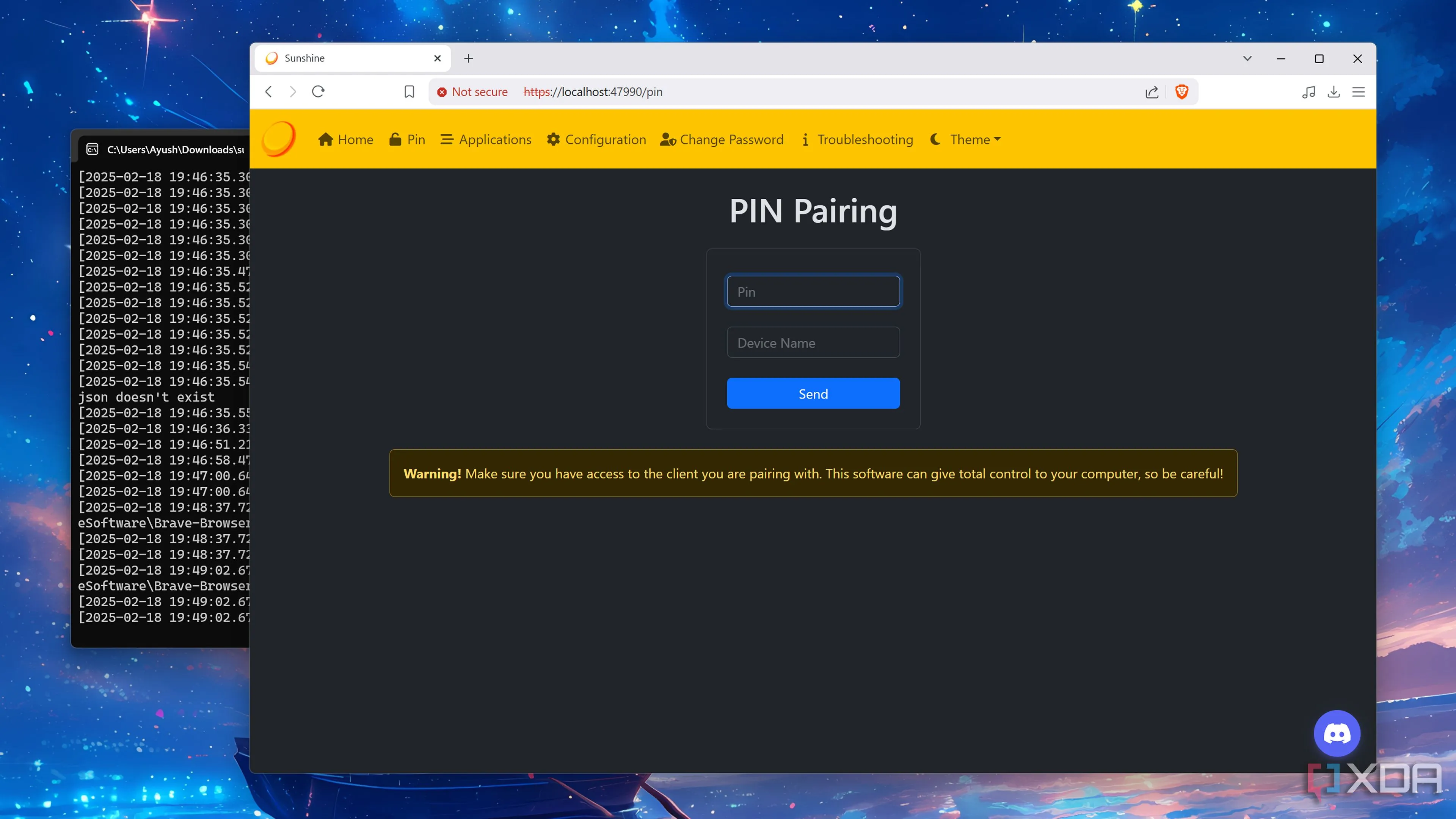 Giao diện tab Ghép nối PIN (PIN Pairing) trong ứng dụng Sunshine server, minh họa cách xác thực không cần tài khoản