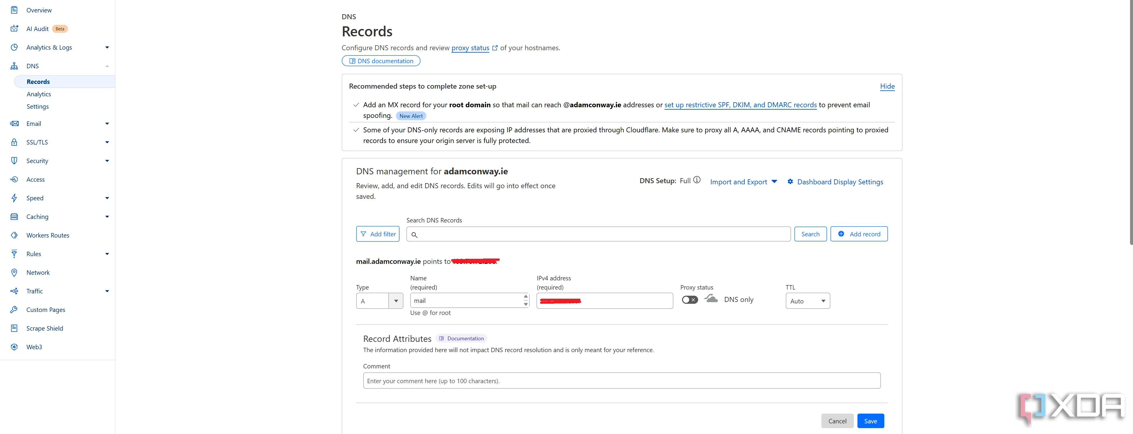 Giao diện tạo bản ghi A DNS cho máy chủ email và NAS