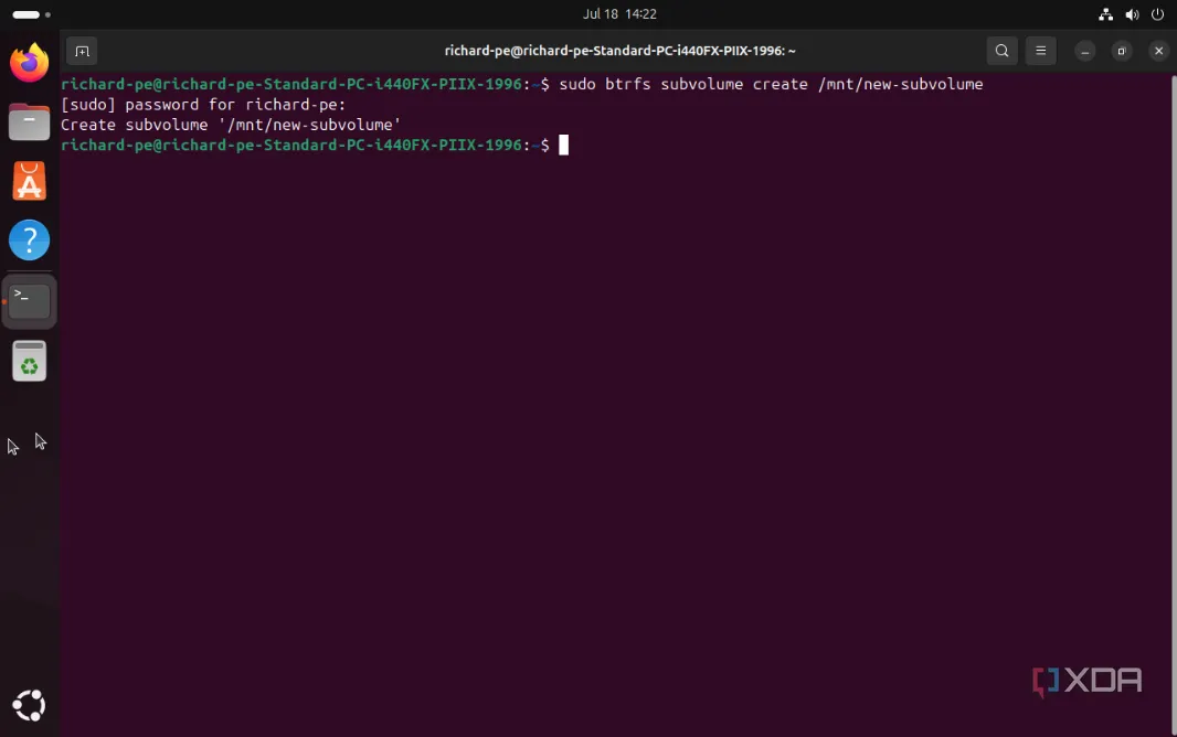Giao diện tạo Btrfs subvolume trên Ubuntu, liên quan đến tính năng snapshot và khôi phục dữ liệu