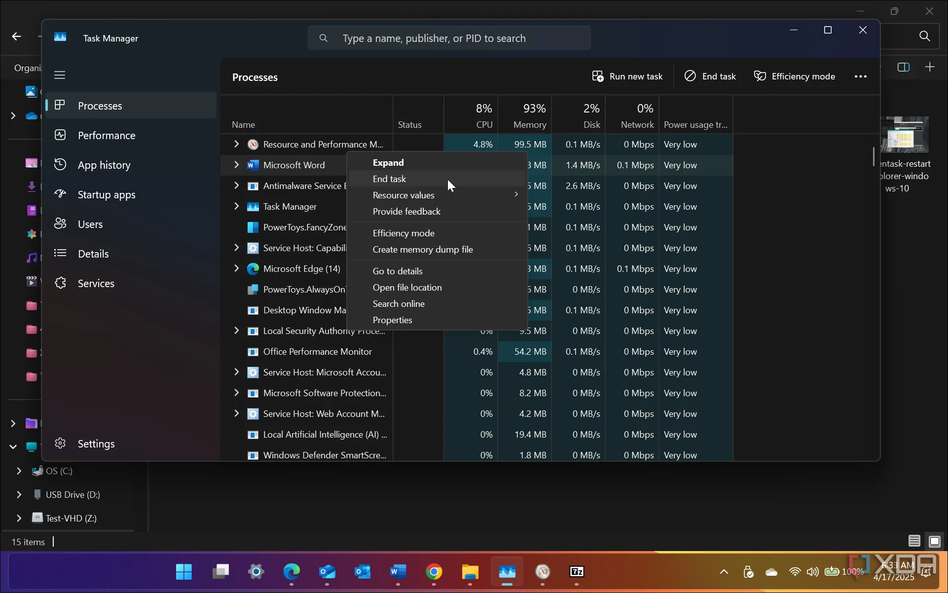 Giao diện Task Manager Windows 11 minh họa cách buộc dừng ứng dụng bị treo
