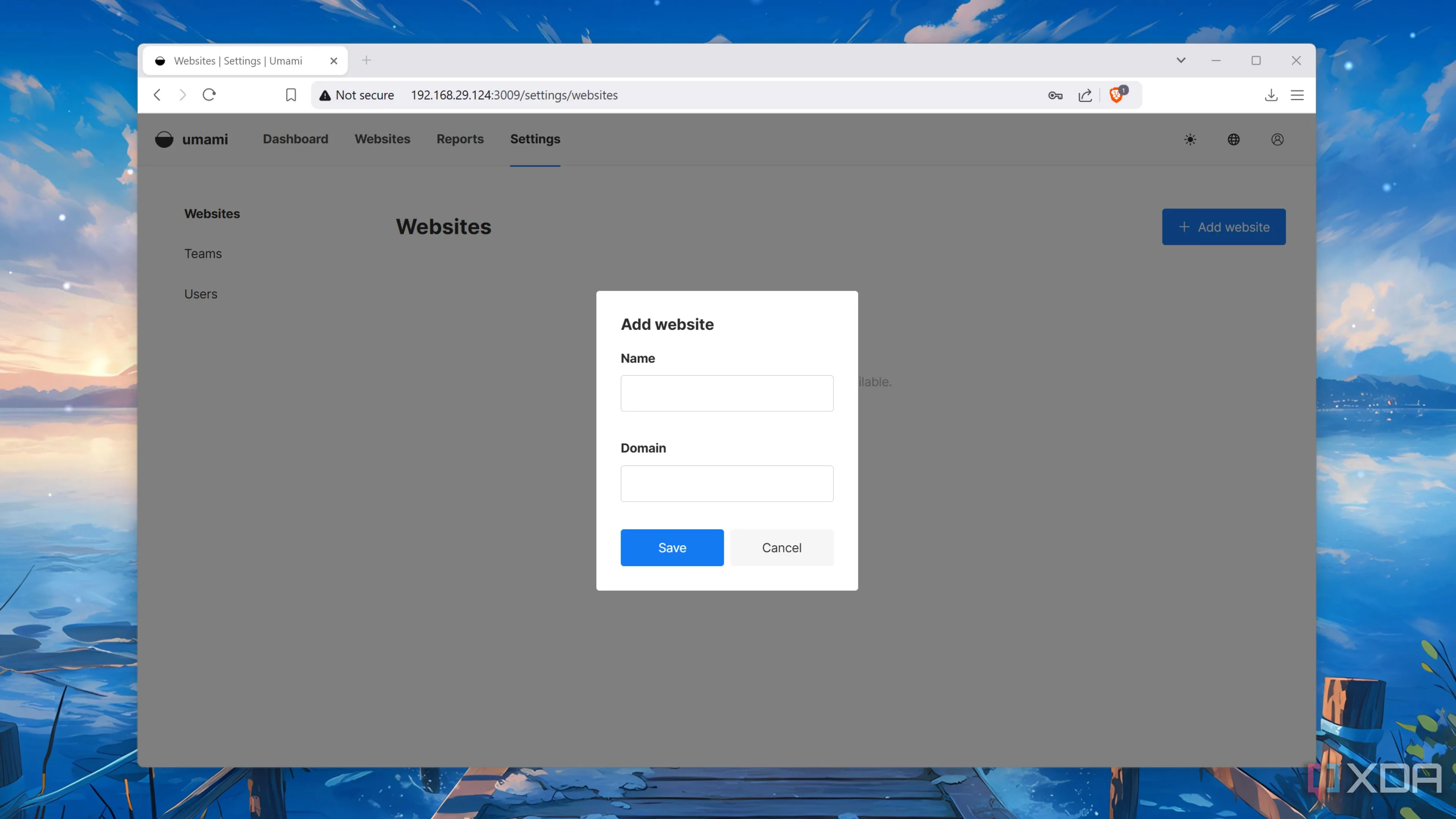 Giao diện thêm một website vào Umami để phân tích số liệu trang web trong home lab