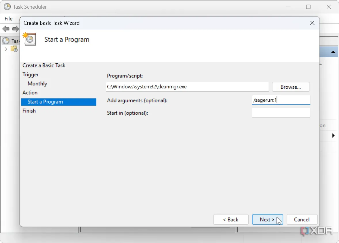 Giao diện thiết lập tác vụ Disk Cleanup tự động trong Task Scheduler Windows