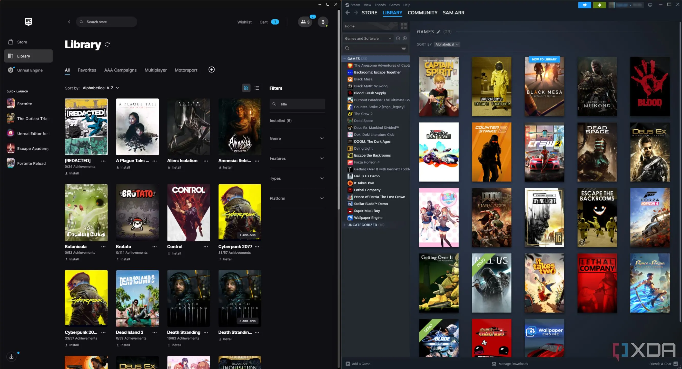 Giao diện thư viện game Steam và Epic Games Store trên màn hình chia đôi, minh họa khả năng tổng hợp game