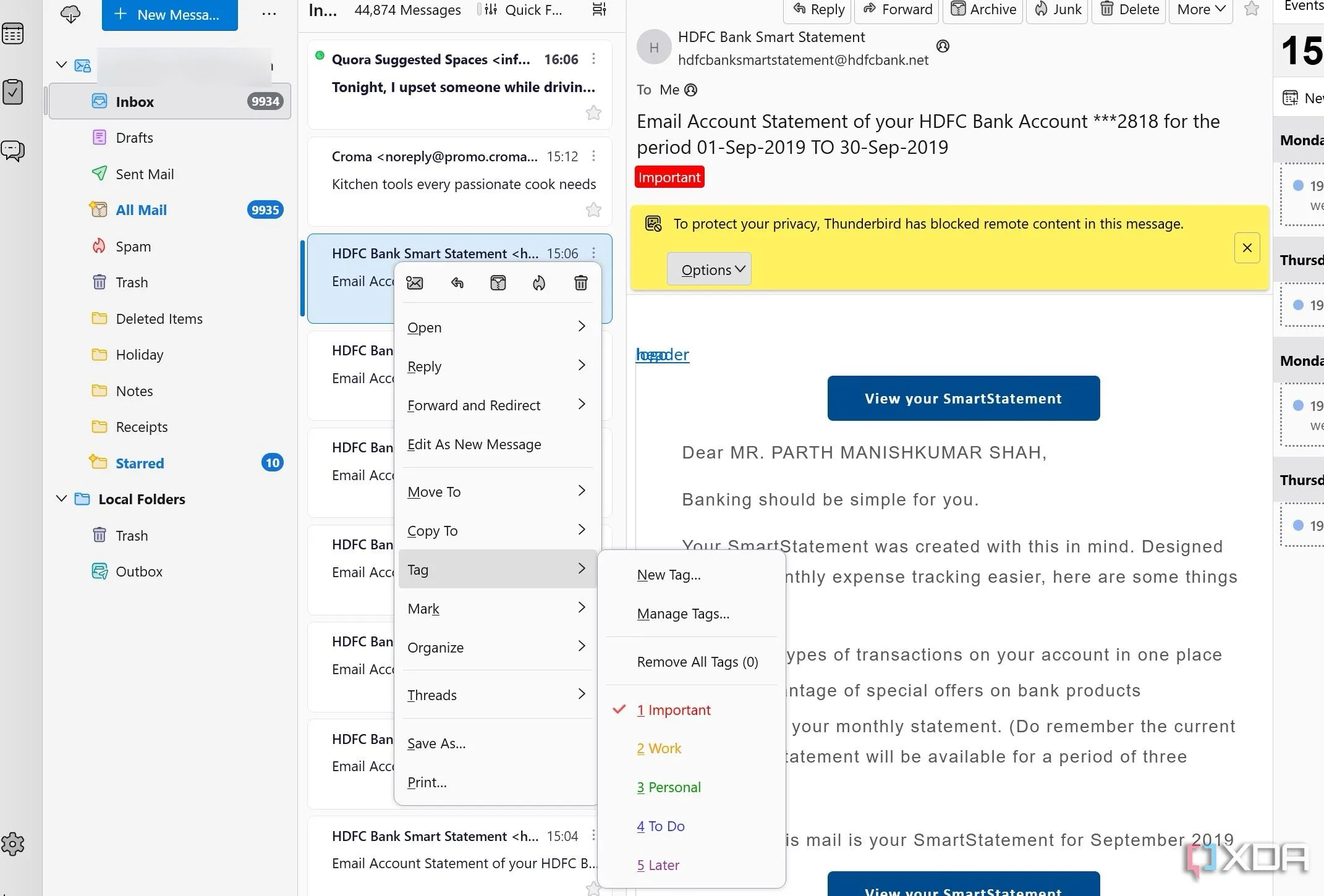 Giao diện Thunderbird hiển thị các email được gắn thẻ với màu sắc khác nhau, giúp phân loại thư dễ dàng