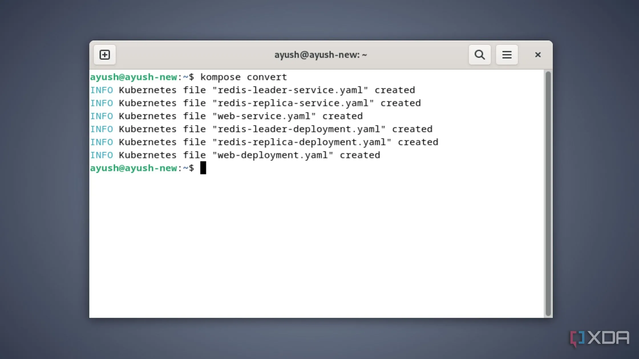 Giao diện tiện ích Kompose đang chạy trong môi trường Debian để chuyển đổi Docker Compose sang Kubernetes YAML