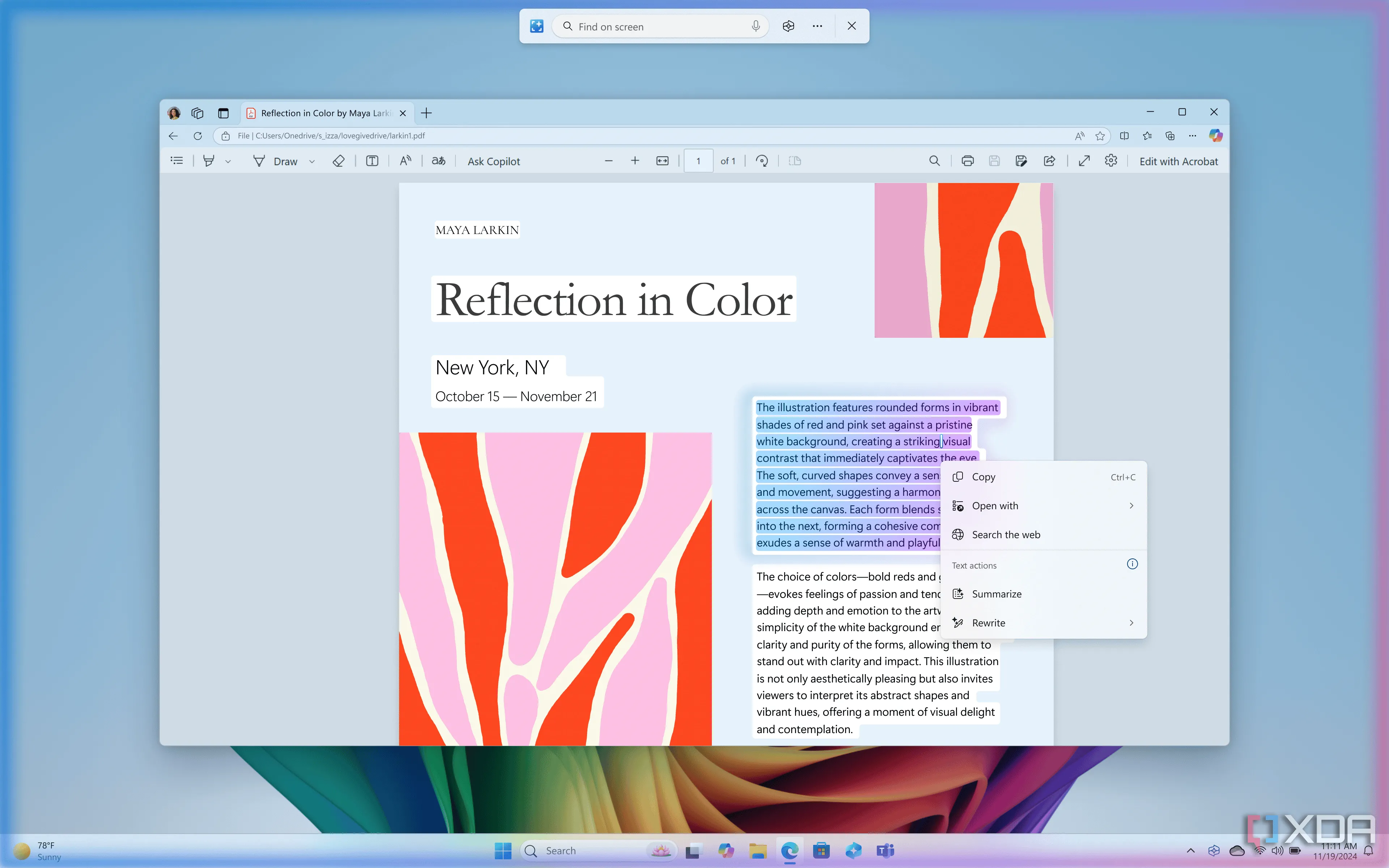 Giao diện tính năng Click to Do trên Windows 11 hiển thị các tùy chọn tóm tắt hoặc viết lại văn bản được chọn bằng AI