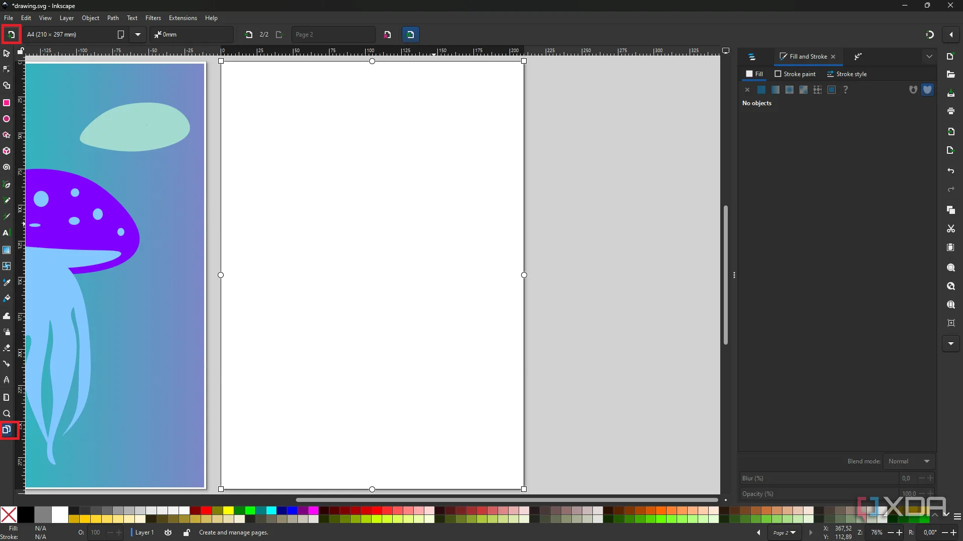 Giao diện tính năng hỗ trợ đa trang trong Inkscape, cho phép quản lý nhiều trang trong một tài liệu duy nhất
