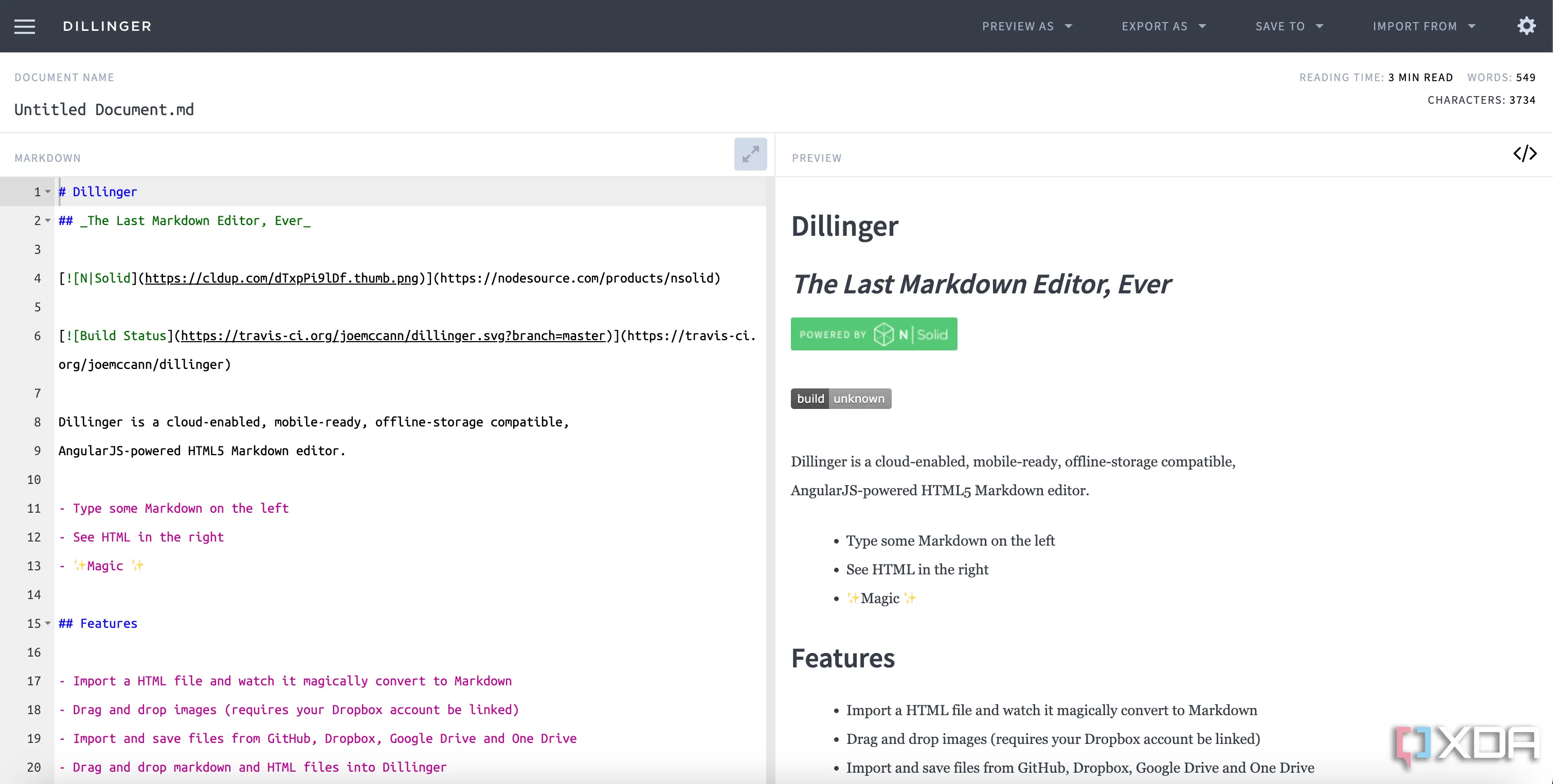 Giao diện tối giản và gọn gàng của ứng dụng Markdown Dillinger