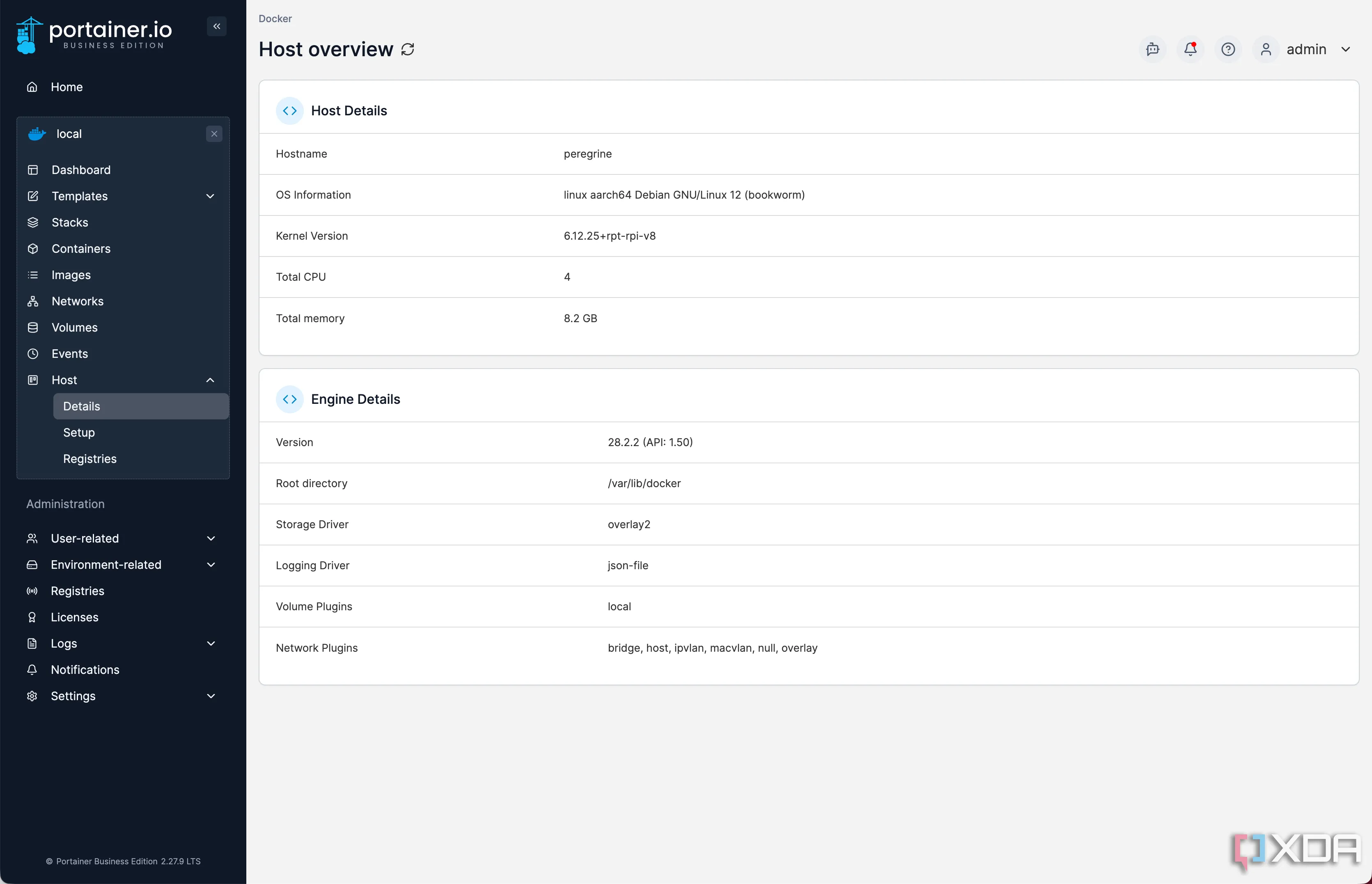 Giao diện tổng quan môi trường Docker Host trong Portainer, hiển thị tài nguyên và trạng thái container.