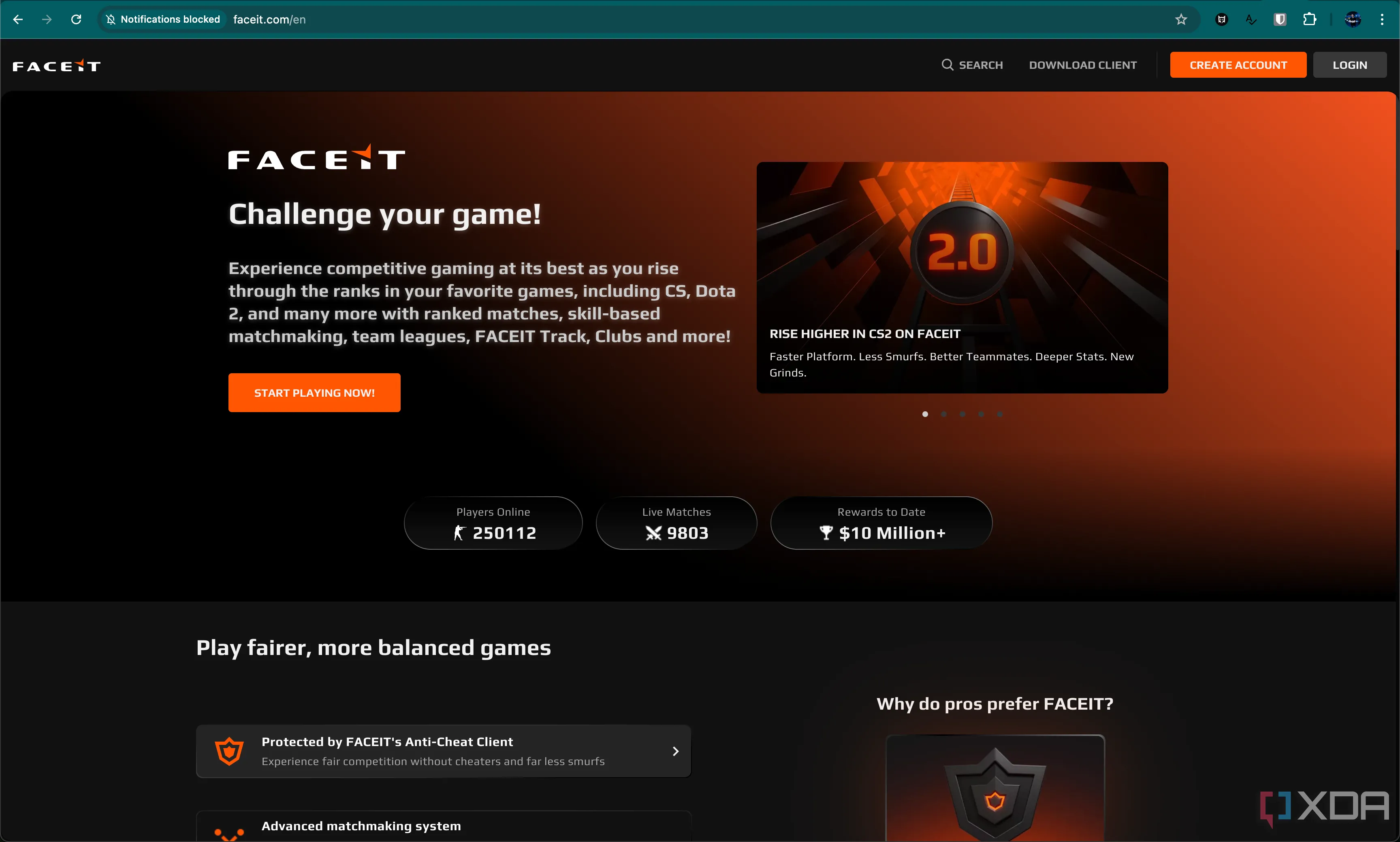 Giao diện trang chủ của nền tảng matchmaking Faceit, nơi người chơi CS2 có thể tìm kiếm các trận đấu cạnh tranh hơn