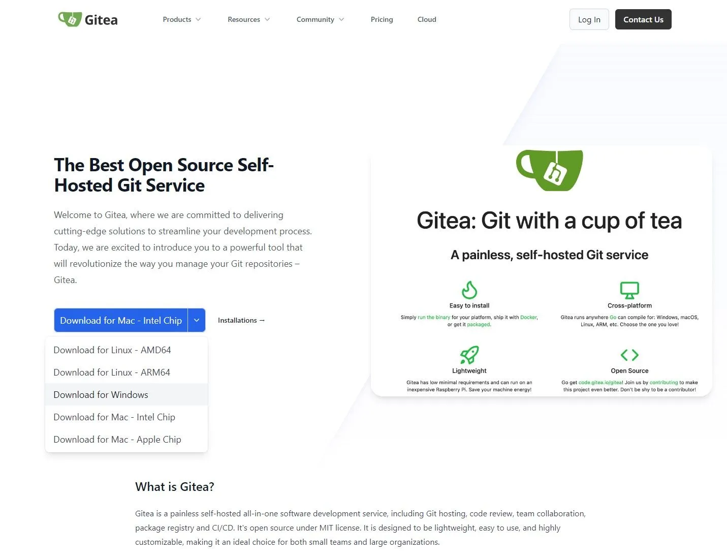 Giao diện trang chủ Gitea chính thức với nút tải về được đánh dấu