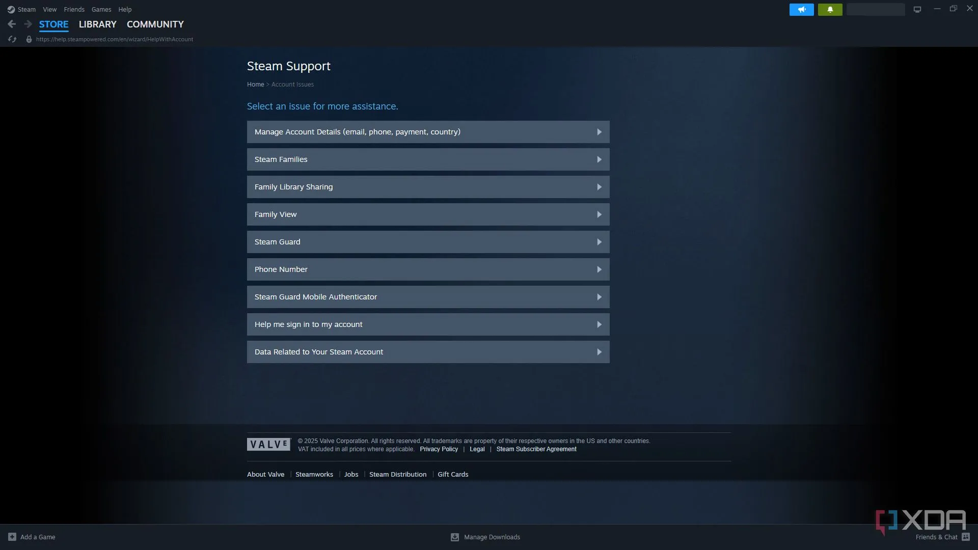 Giao diện trang hỗ trợ khách hàng của Steam, hiển thị các tùy chọn trợ giúp đa dạng