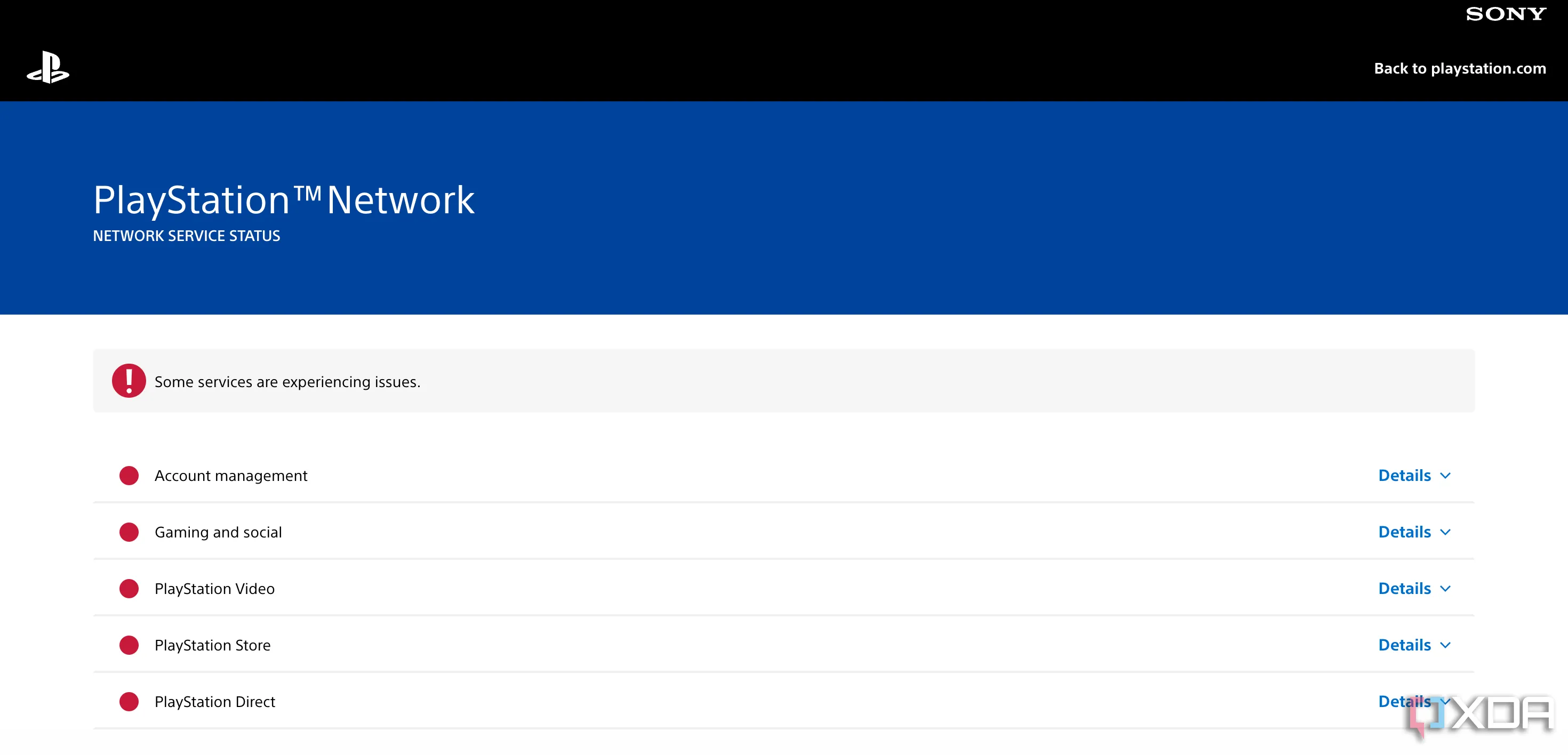 Giao diện trang trạng thái dịch vụ PlayStation Network hiển thị nhiều dịch vụ gặp sự cố như quản lý tài khoản, game và PlayStation Store