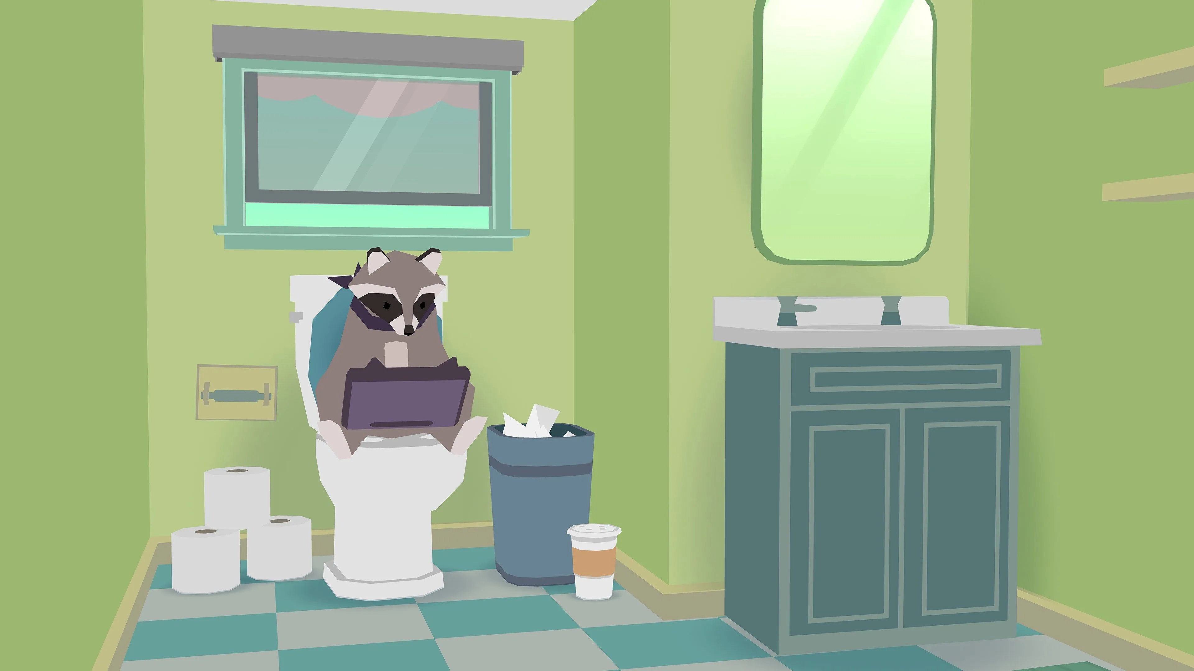 Giao diện trò chơi Donut County, hiển thị cảnh một tòa nhà bị hút xuống hố.