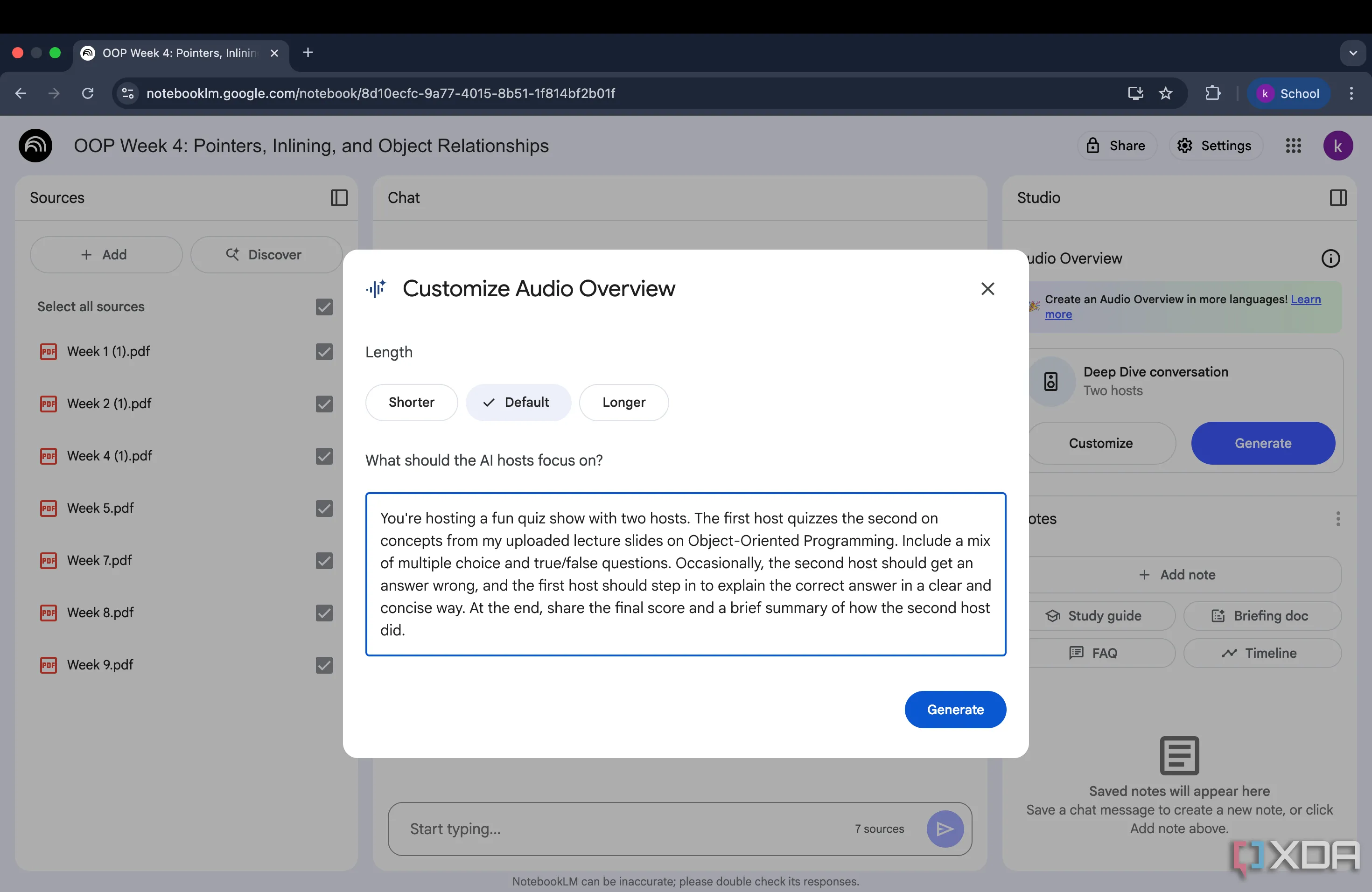 Giao diện tùy chỉnh Audio Overview của Google NotebookLM với hộp prompt tạo chương trình đố vui, giúp cá nhân hóa trải nghiệm học tập.