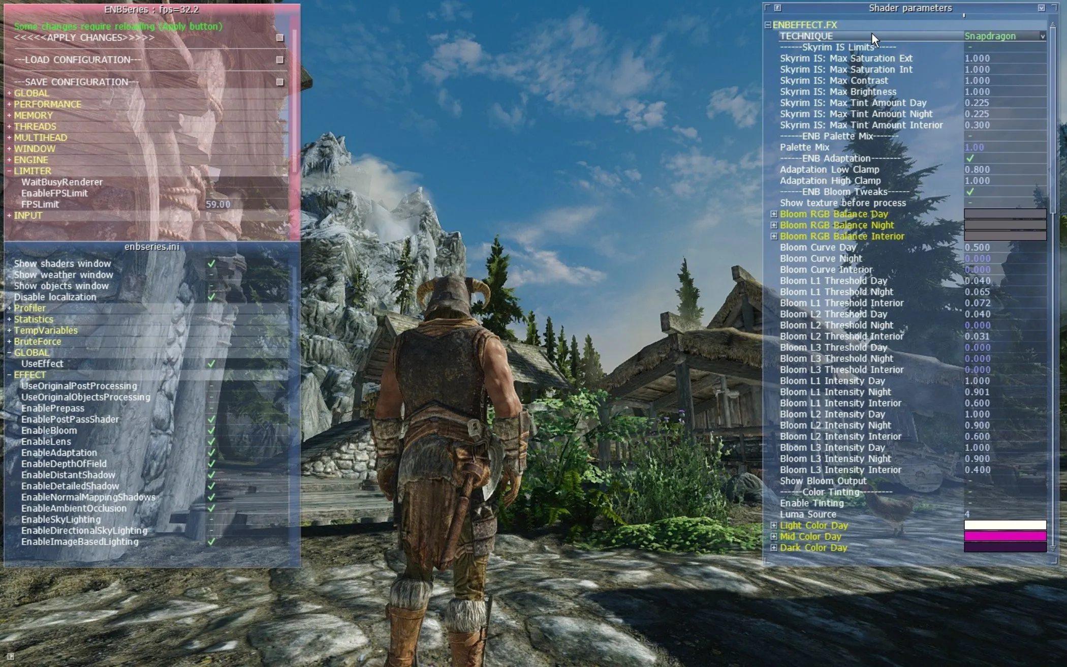 Giao diện tùy chỉnh của ENBSeries trong game Skyrim, cho phép người dùng điều chỉnh các hiệu ứng hậu xử lý đồ họa