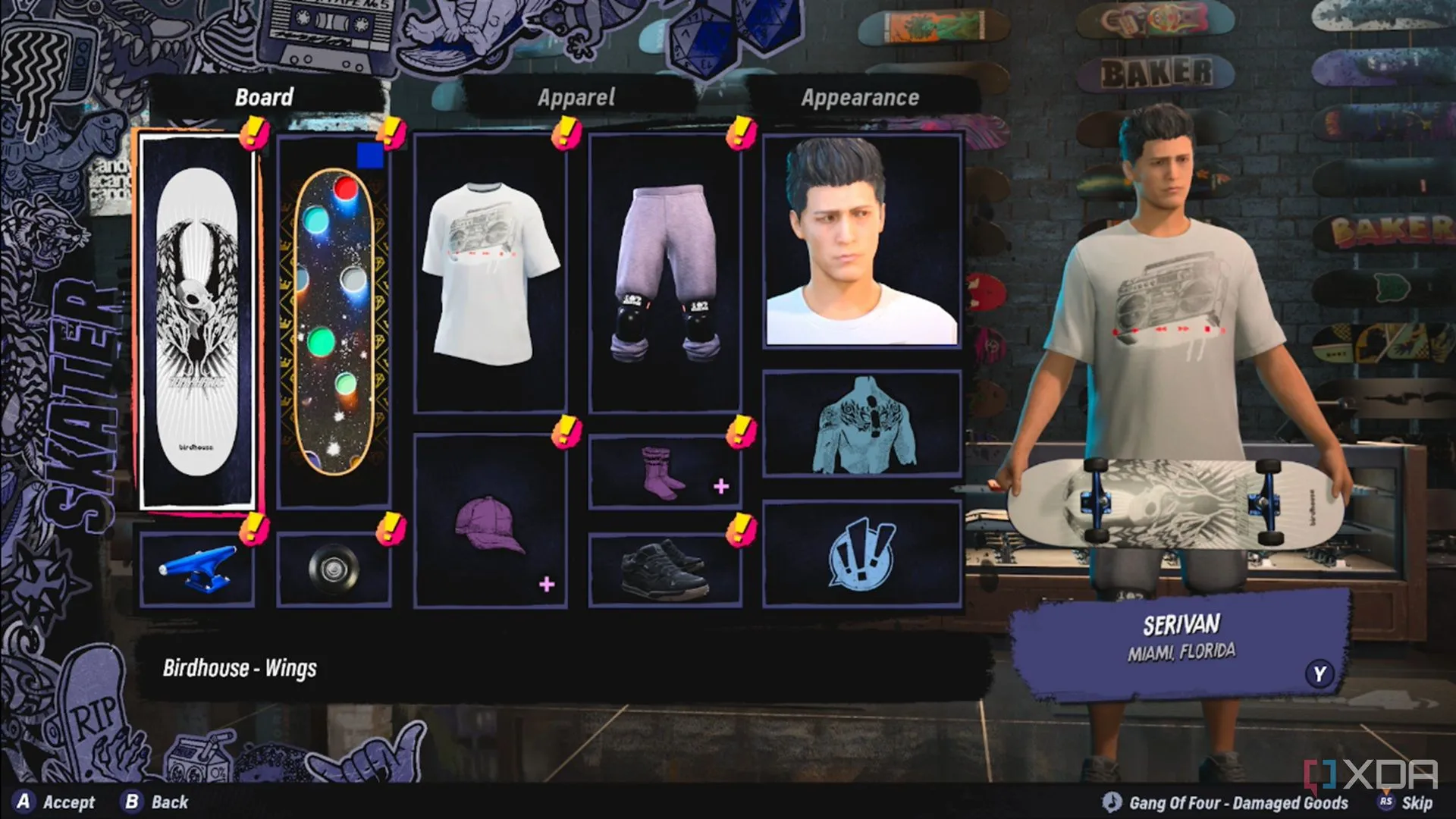 Giao diện tùy chỉnh nhân vật Create-A-Skater trong game Tony Hawk's Pro Skater 3+4, hiển thị các lựa chọn trang phục.