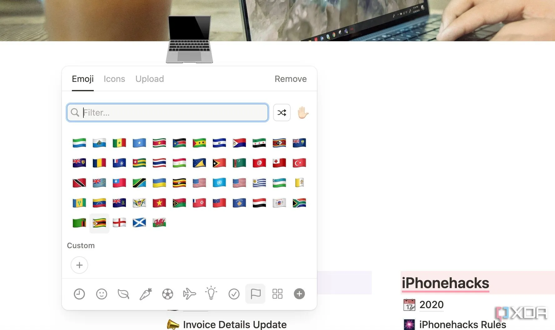 Giao diện tùy chọn Custom Emoji trong Notion với nút Upload an image