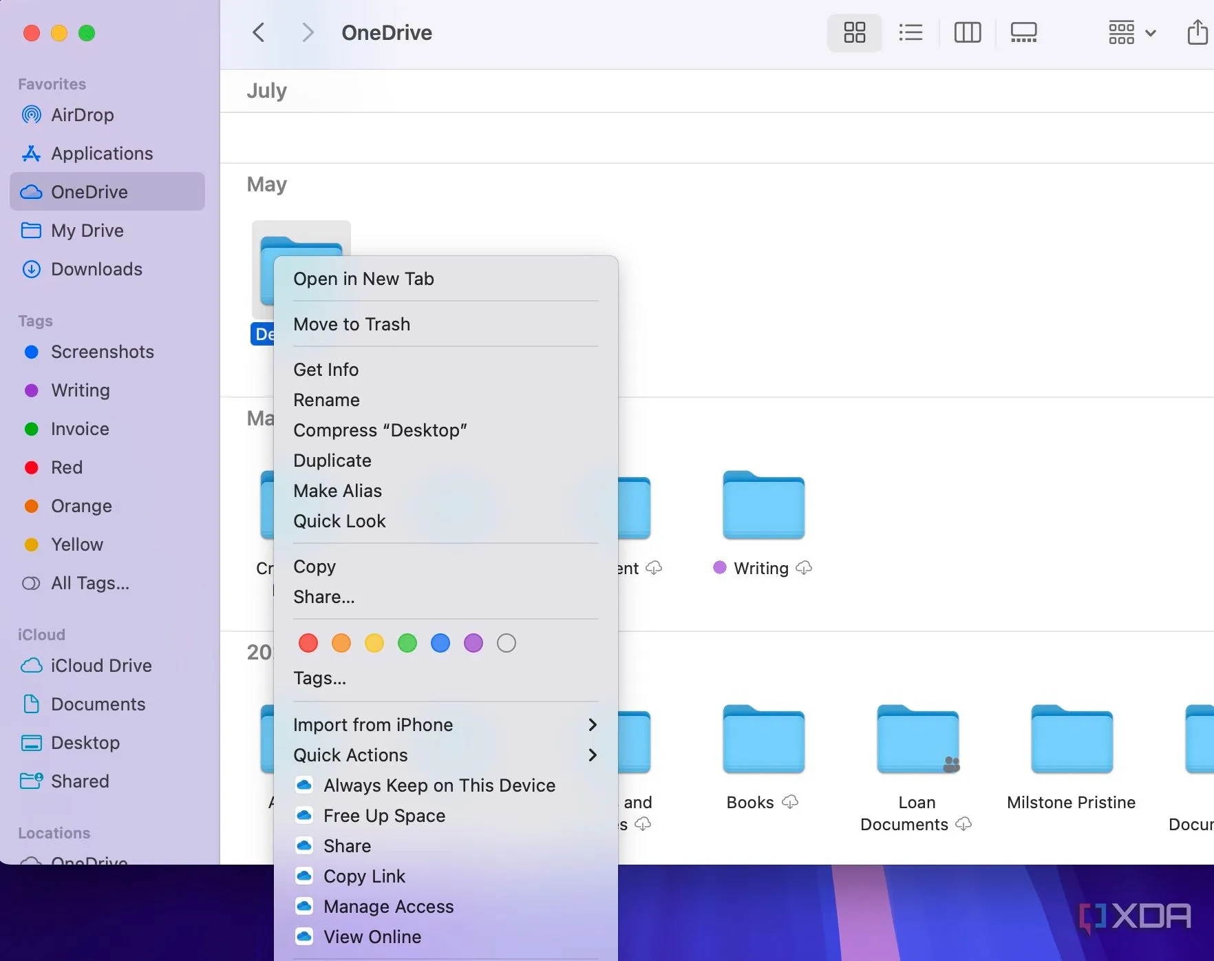 Giao diện tùy chọn Microsoft OneDrive trên Finder Mac cho việc quản lý lưu trữ đám mây