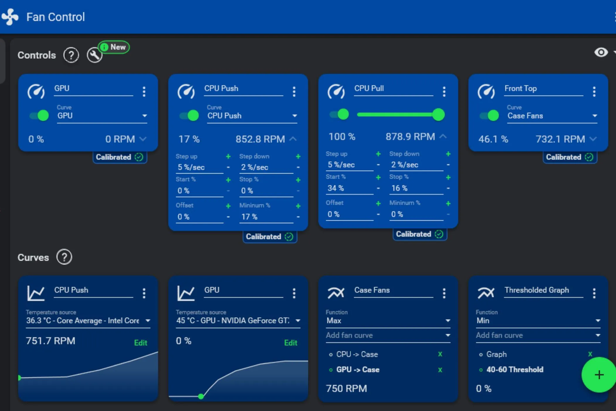 Giao diện ứng dụng FanControl hiển thị các đường cong tốc độ quạt tùy chỉnh trên Windows