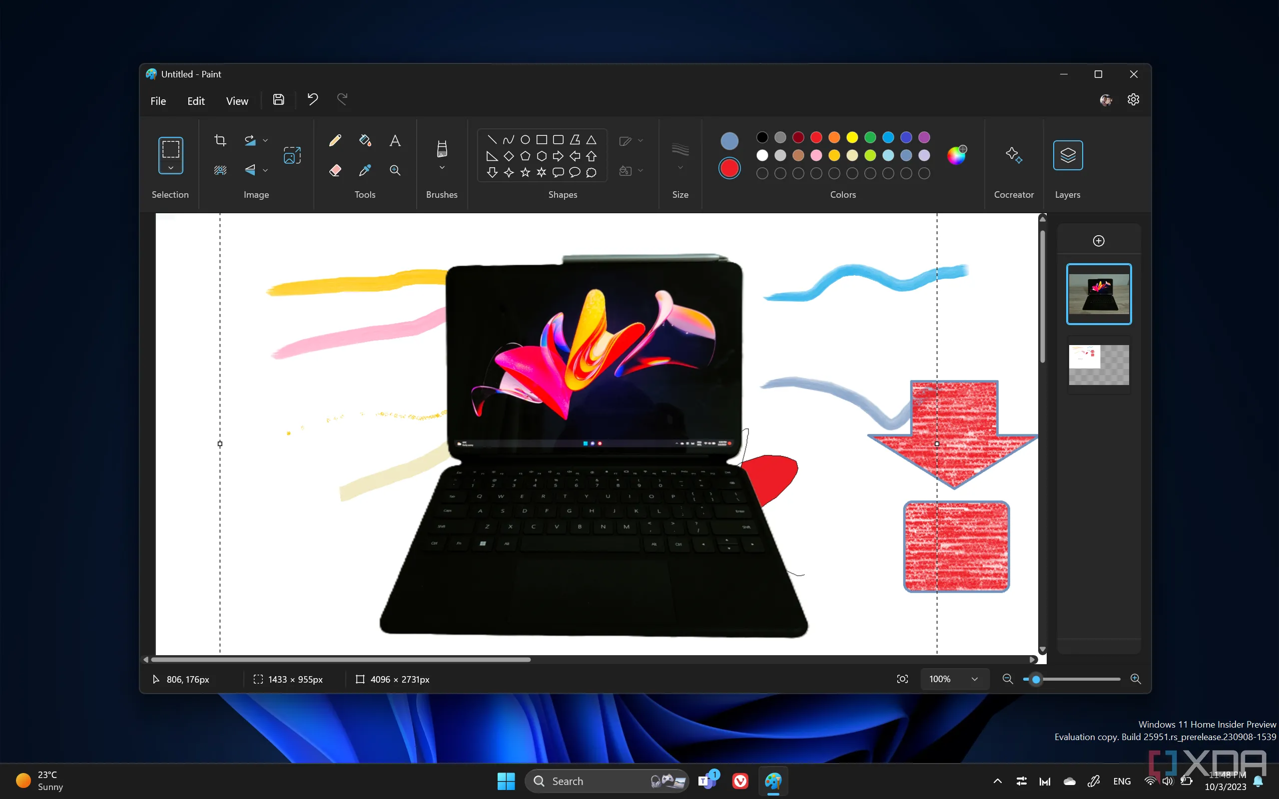 Giao diện ứng dụng Microsoft Paint đang chạy trên Windows 11, hiển thị tính năng quản lý lớp