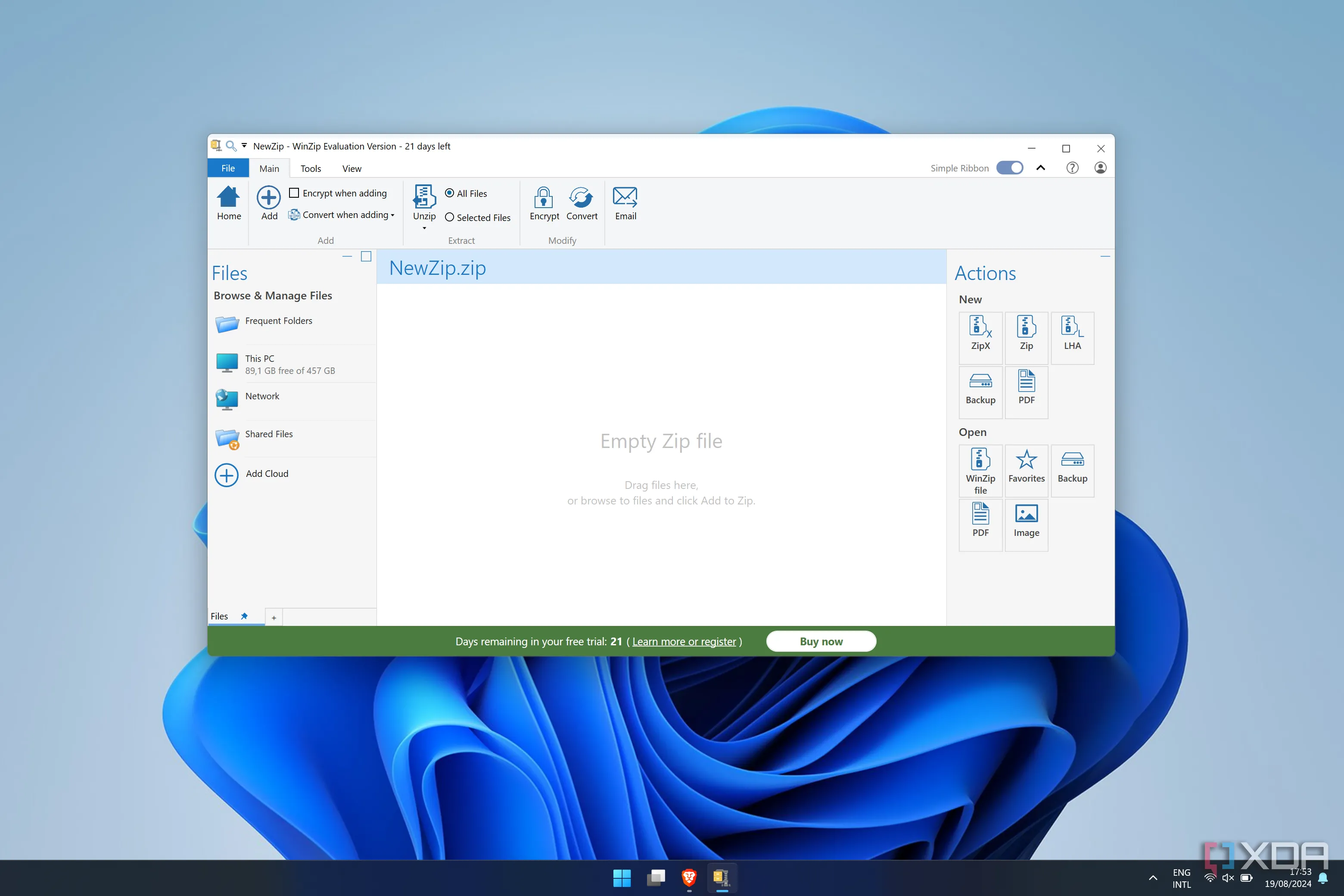 Giao diện ứng dụng nén và giải nén WinZip đang hoạt động trên Windows 11