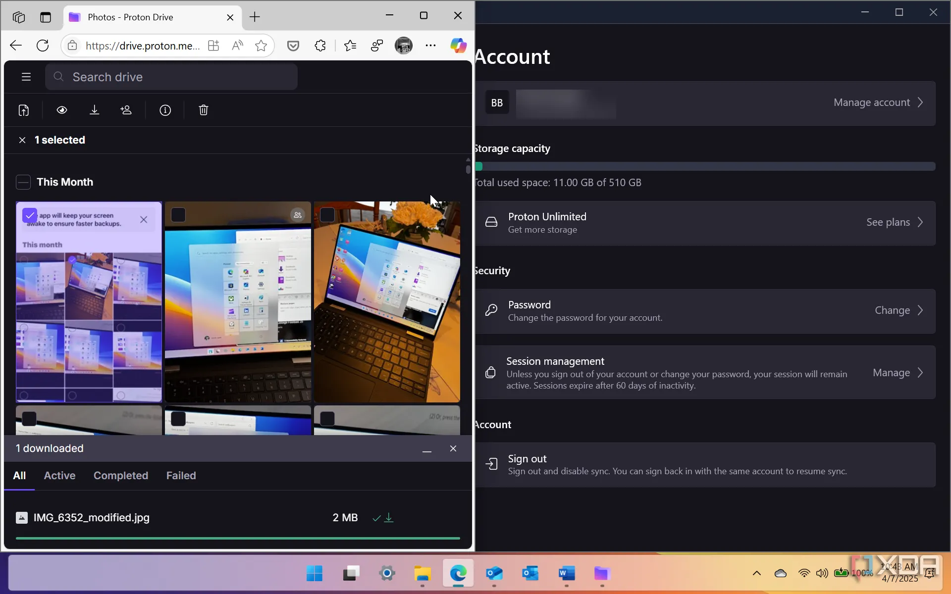 Giao diện ứng dụng và phiên bản web của Proton Drive trên Windows 11 minh họa tính dễ sử dụng