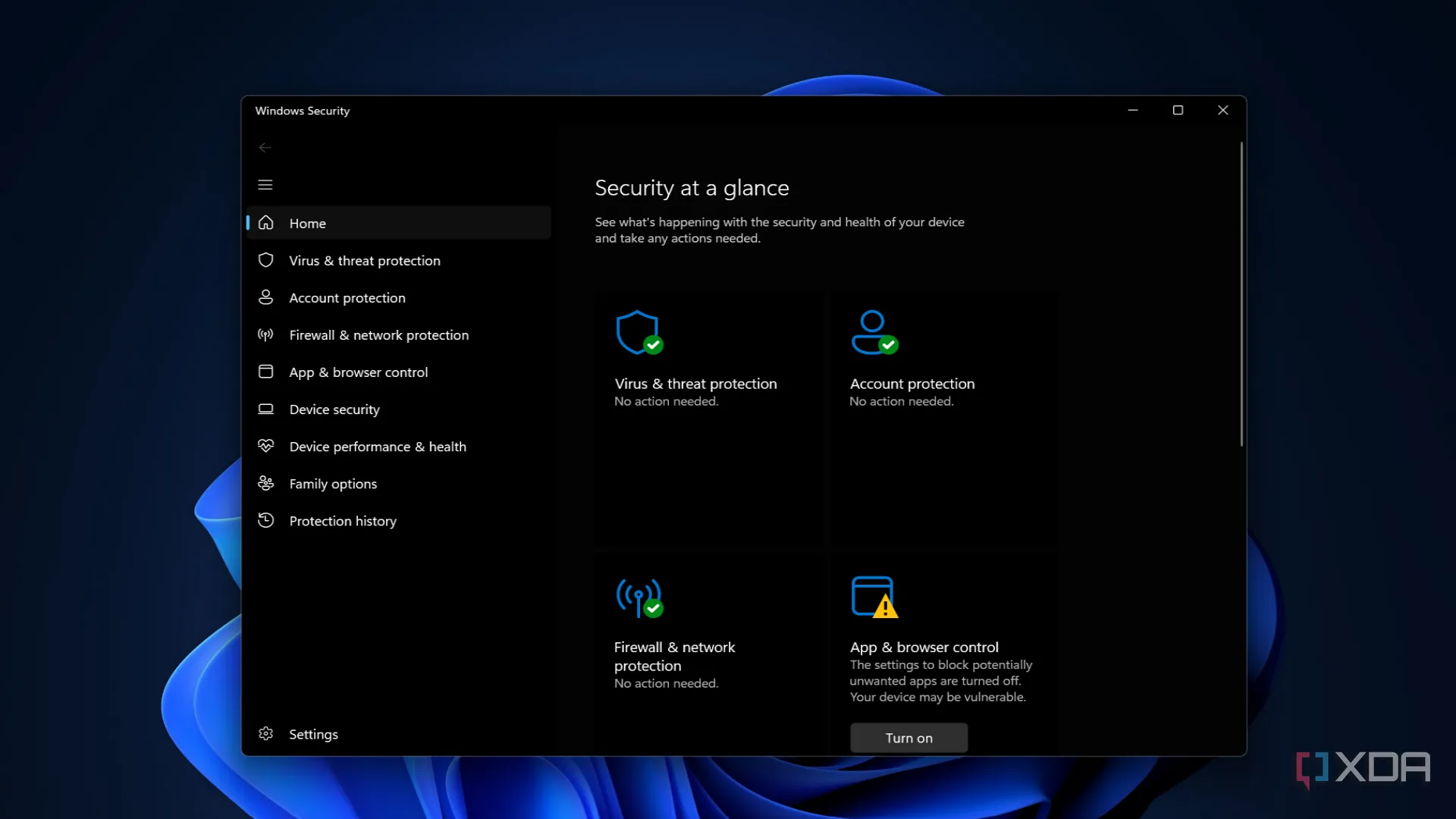 Giao diện ứng dụng Windows Security trên Windows 11, minh họa khả năng bảo vệ hệ thống khỏi các mối đe dọa khi tải game giả lập