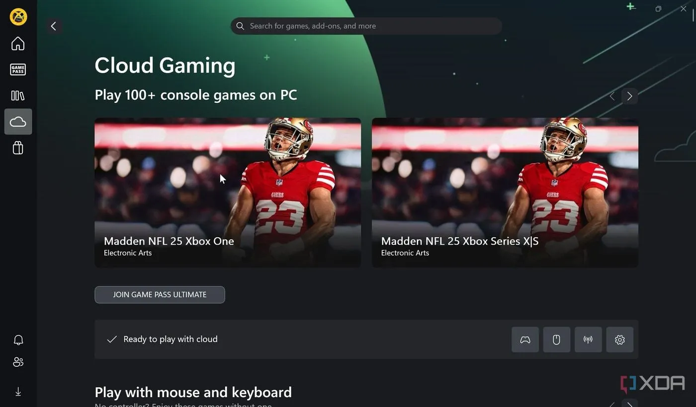 Giao diện ứng dụng Xbox trên Windows 11 hiển thị các trò chơi hỗ trợ đám mây, minh họa xu hướng cloud gaming