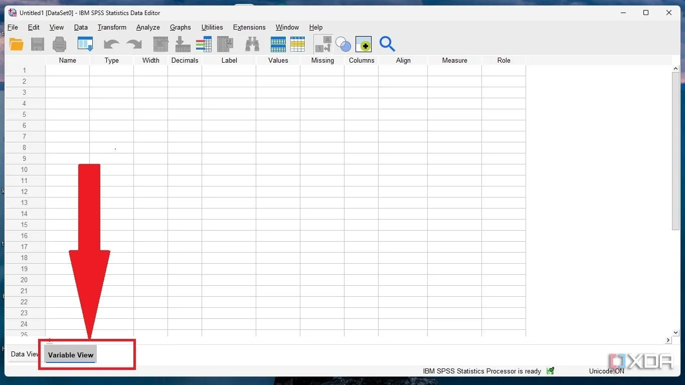 Giao diện Variable View trong phần mềm SPSS để khai báo biến