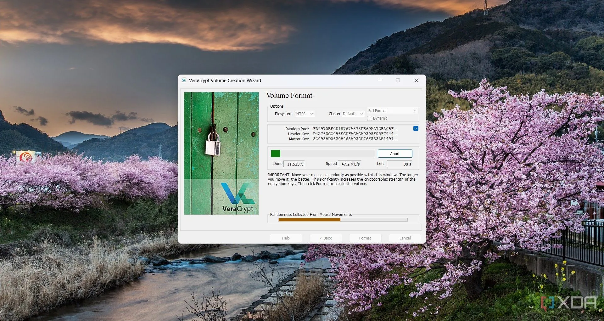 Giao diện VeraCrypt hiển thị quá trình tạo và định dạng một ổ đĩa mã hóa mới, thể hiện tính năng linh hoạt của phần mềm