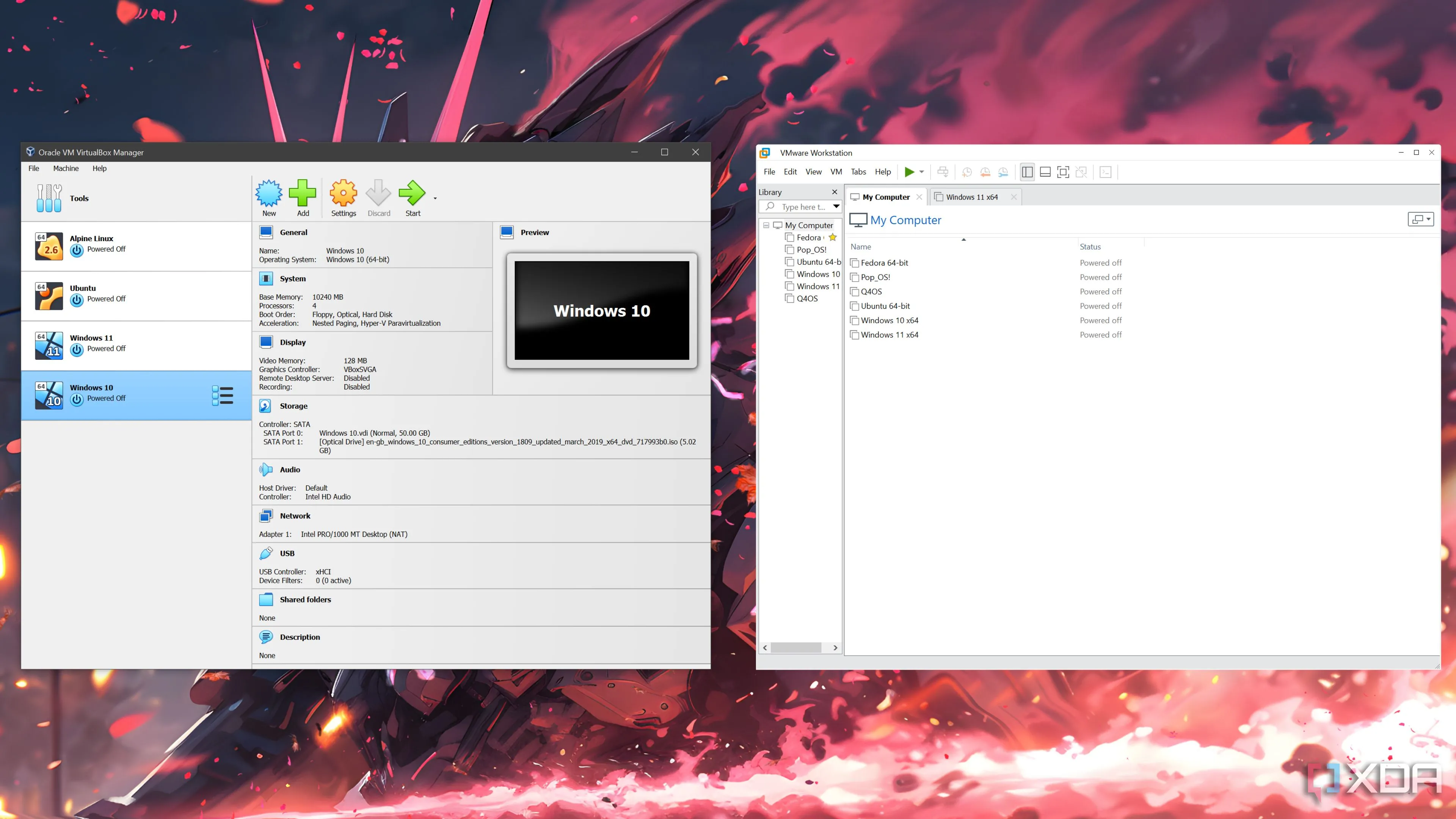 Giao diện VirtualBox và VMware Workstation Pro chạy song song trên cùng một hệ thống