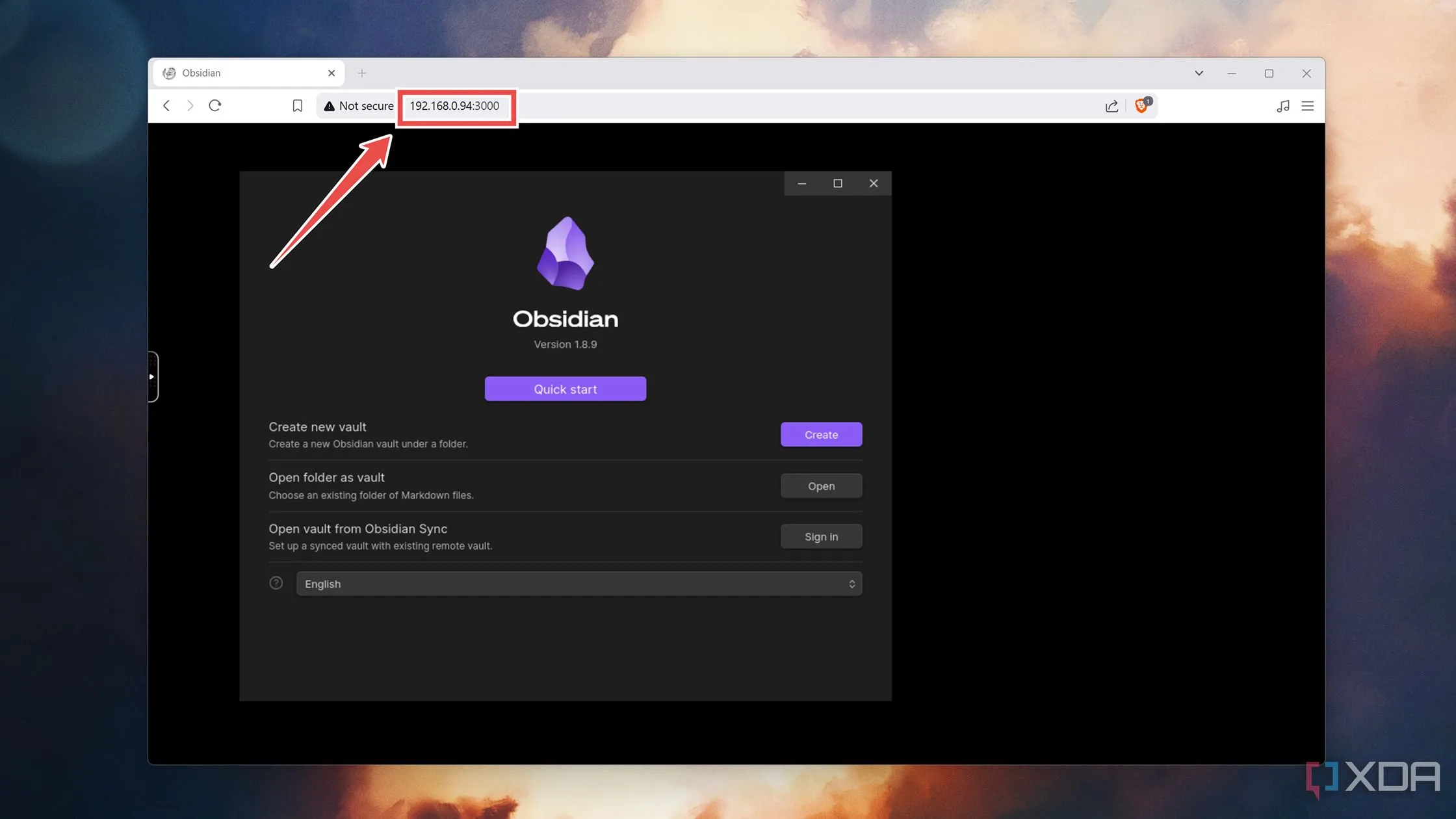 Giao diện web của Obsidian sau khi triển khai Docker container
