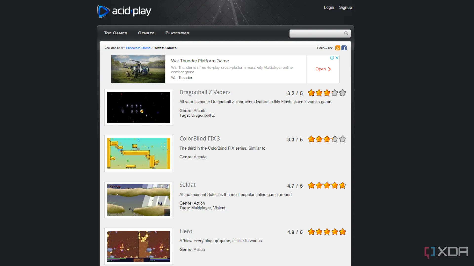 Giao diện website Acid Play với các tựa game indie và retro miễn phí dành cho người hâm mộ game cổ điển.