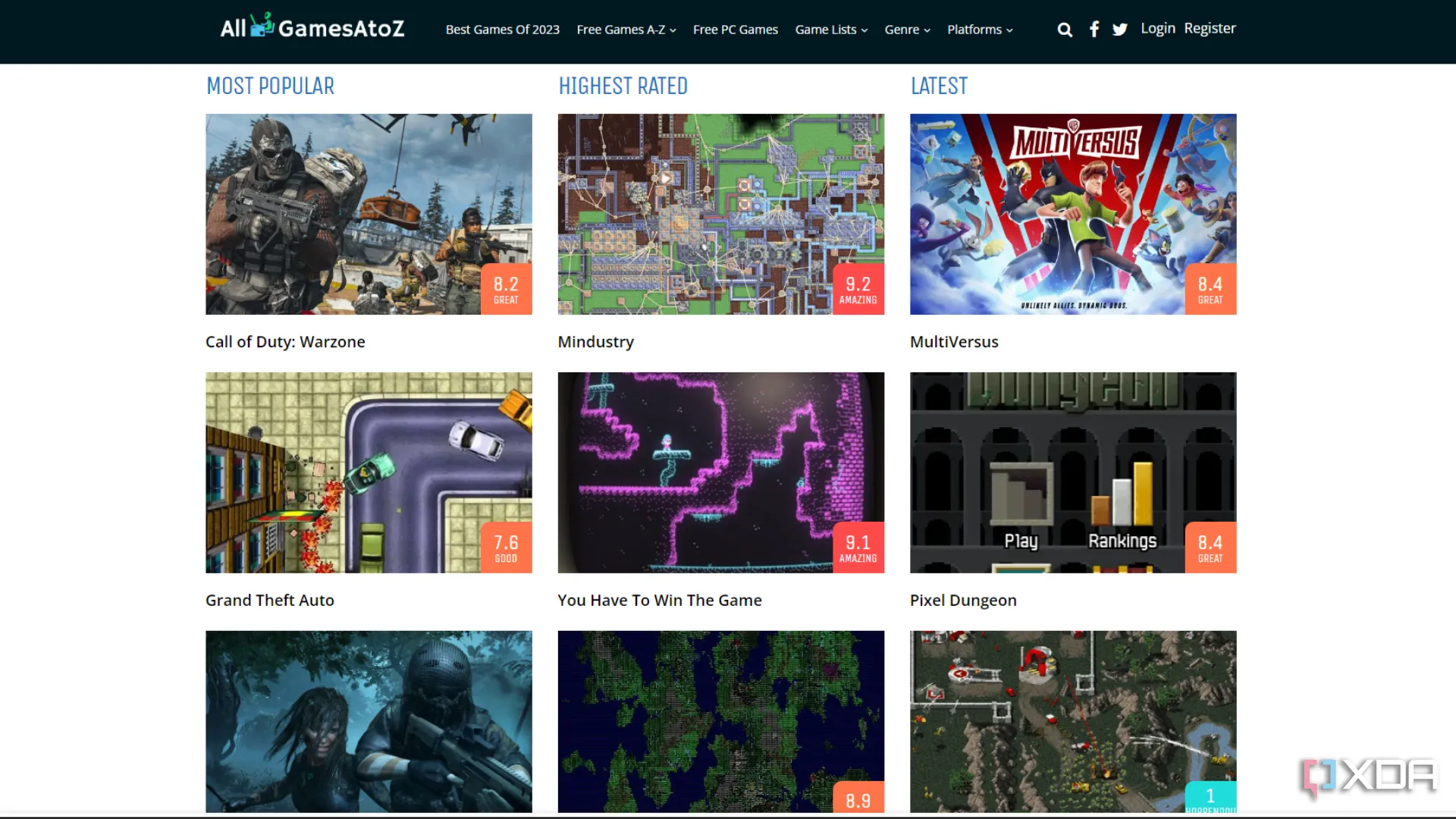 Giao diện website AllGamesAtoZ hiển thị danh sách các tựa game miễn phí (free-to-play) sẵn có.