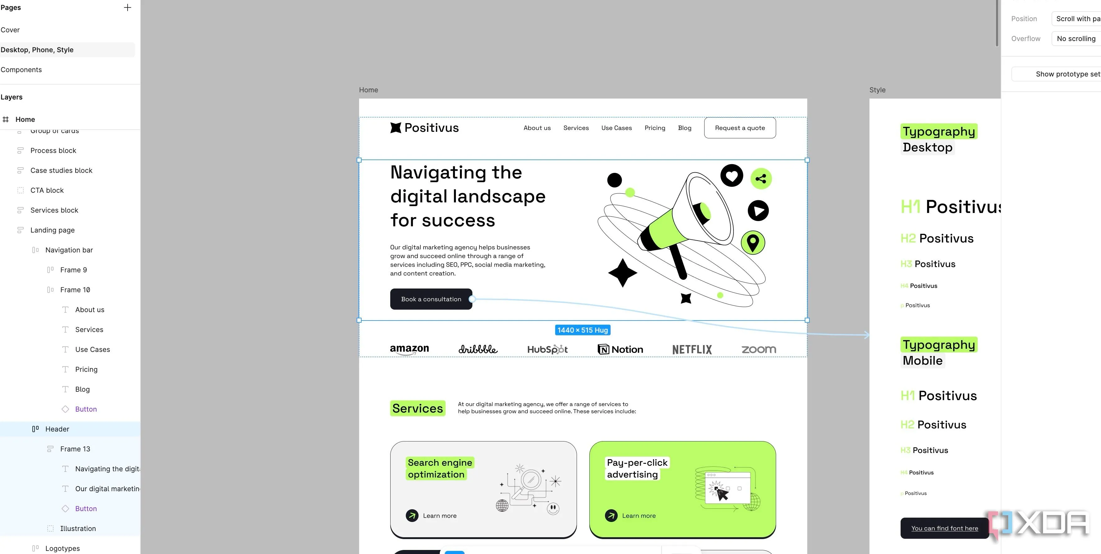 Giao diện website mẫu đang được thiết kế trong Figma với các khung và thành phần UI