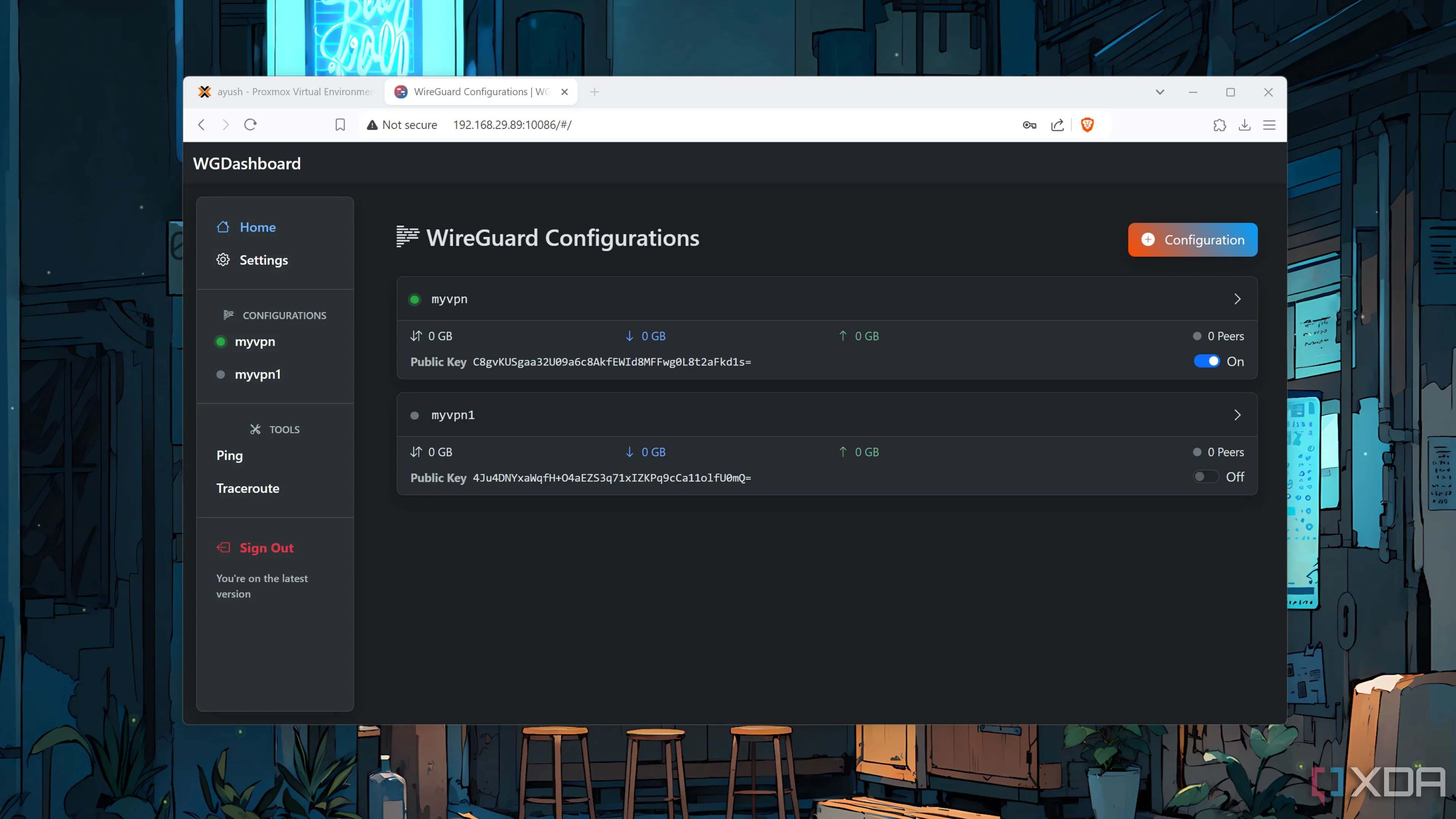 Giao diện WGDashboard với hai đường hầm VPN WireGuard đã được cấu hình và đang hoạt động