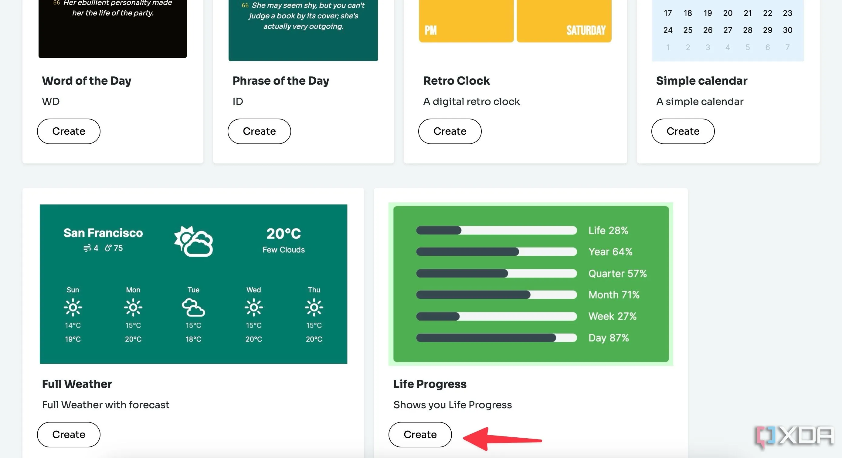 Giao diện Widgetbox.app với danh sách các loại widget và nút Create cho Life Progress