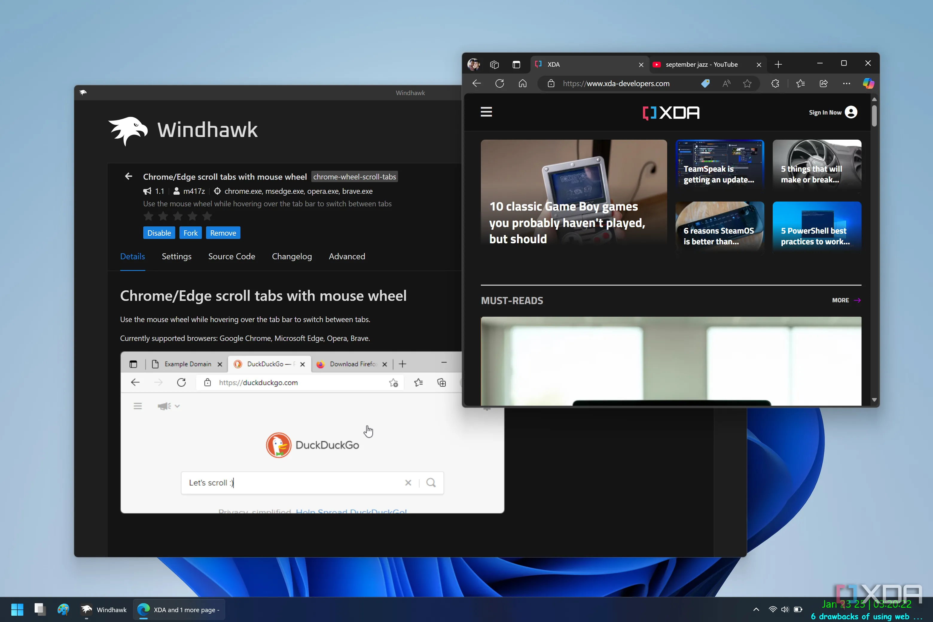 Giao diện Windhawk hiển thị mod cuộn tab trình duyệt bằng chuột trên Microsoft Edge