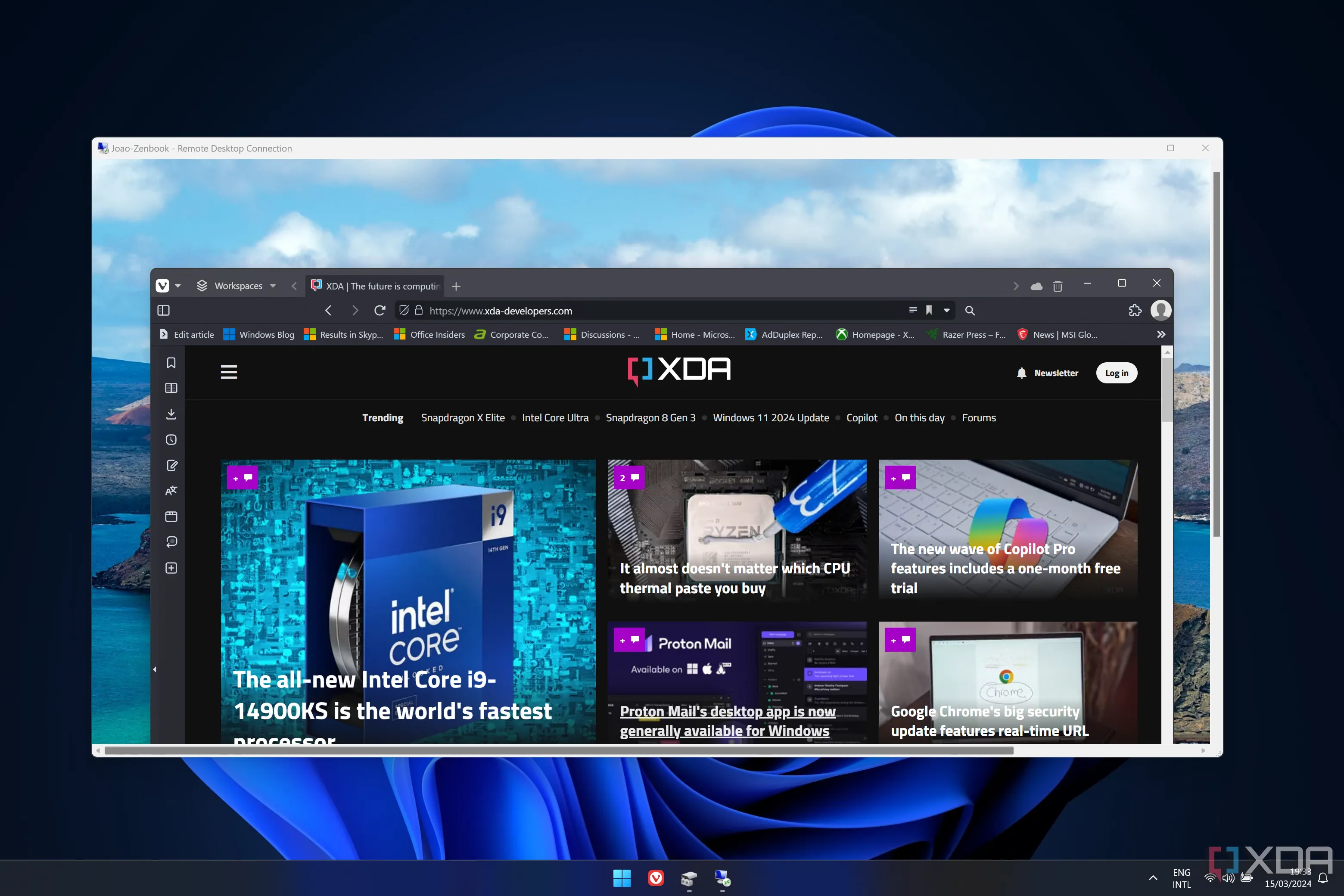 Giao diện Windows 11 trong một phiên Remote Desktop với PC khác