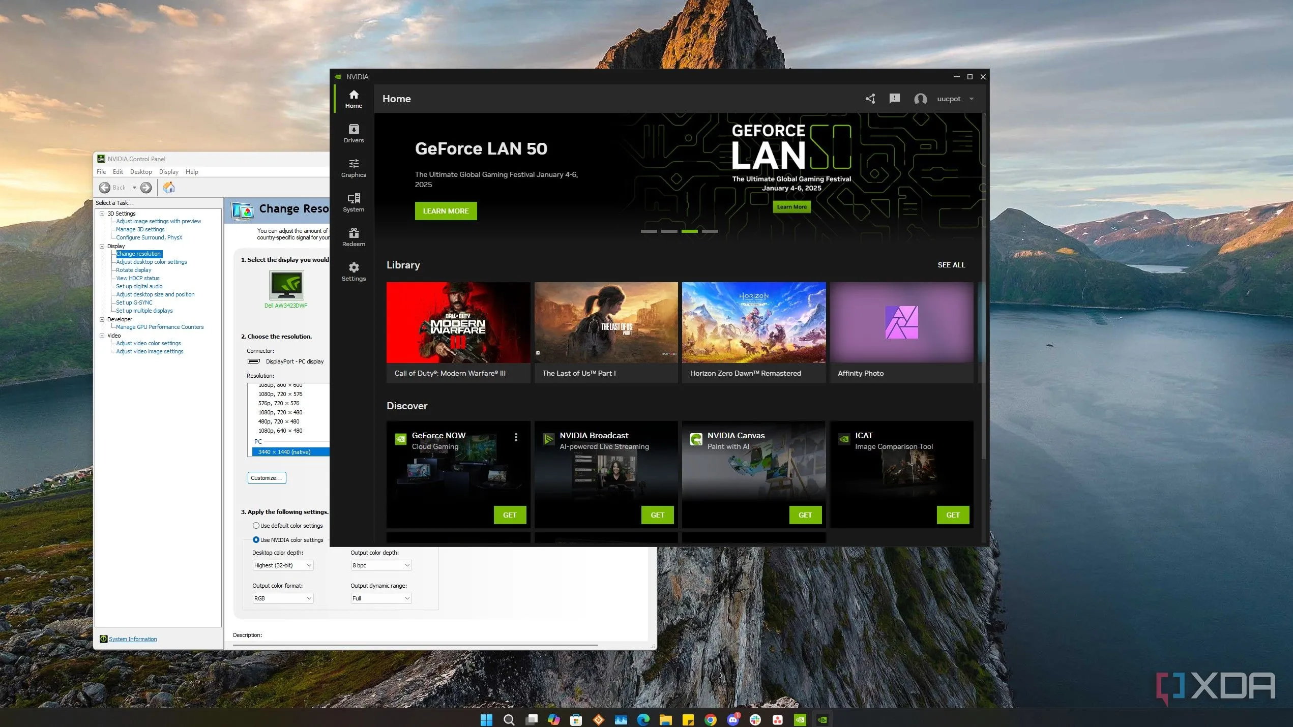 Giao diện Windows 11 với Nvidia Control Panel và Nvidia App mở, minh họa các tùy chọn tối ưu card đồ họa Nvidia