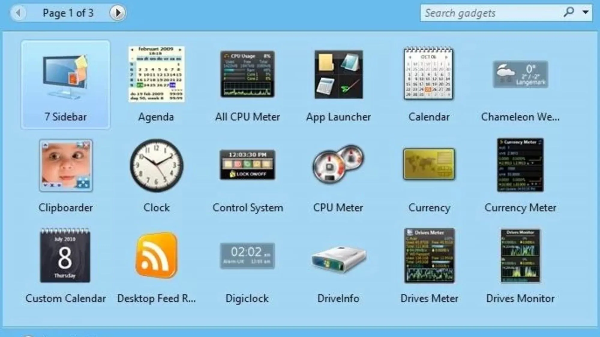 Giao diện Windows Gadgets hiển thị đồng hồ, lịch và các tiện ích trên màn hình desktop
