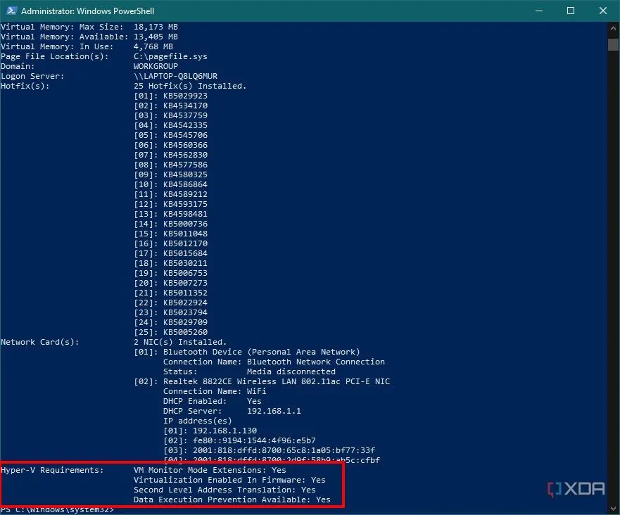 Giao diện Windows PowerShell hiển thị thông tin máy tính hỗ trợ các tính năng cần thiết cho Hyper-V.
