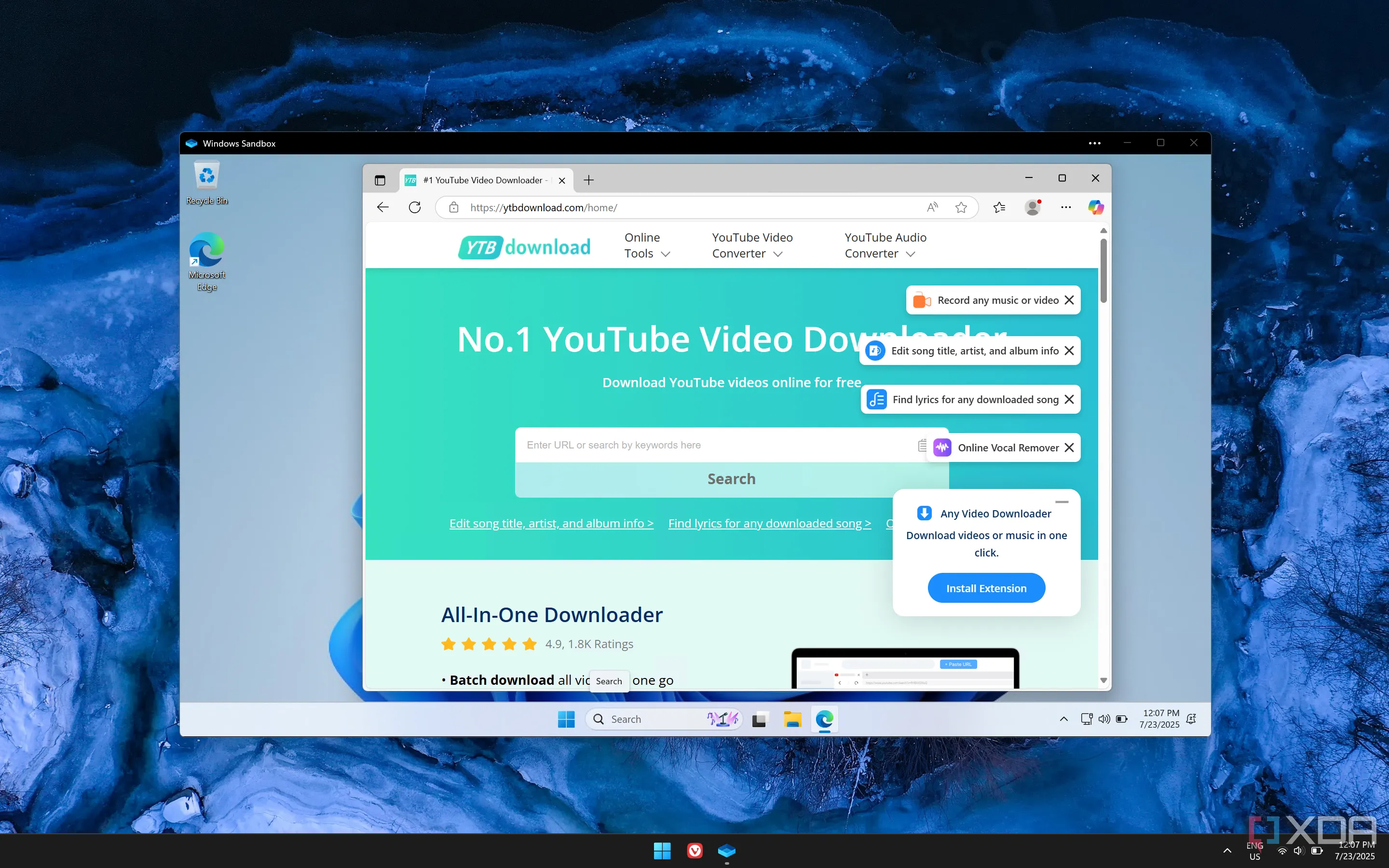 Giao diện Windows Sandbox đang mở một trang web có thể nguy hiểm