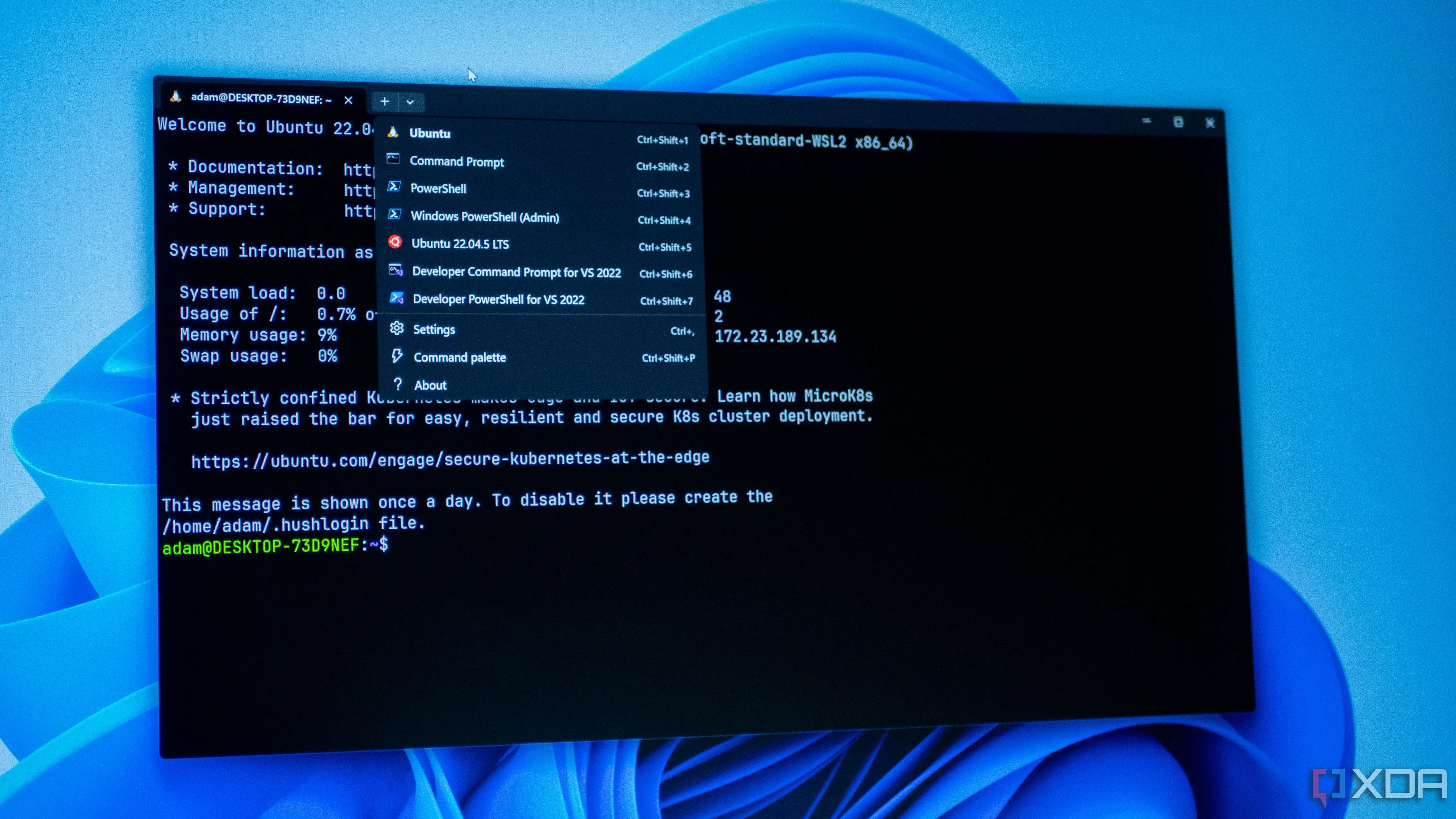 Giao diện Windows Terminal hiển thị các cấu hình WSL và ứng dụng Linux