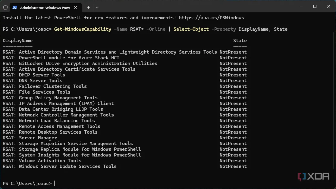 Giao diện Windows Terminal hiển thị danh sách các tính năng RSAT có sẵn để cài đặt trên máy tính.